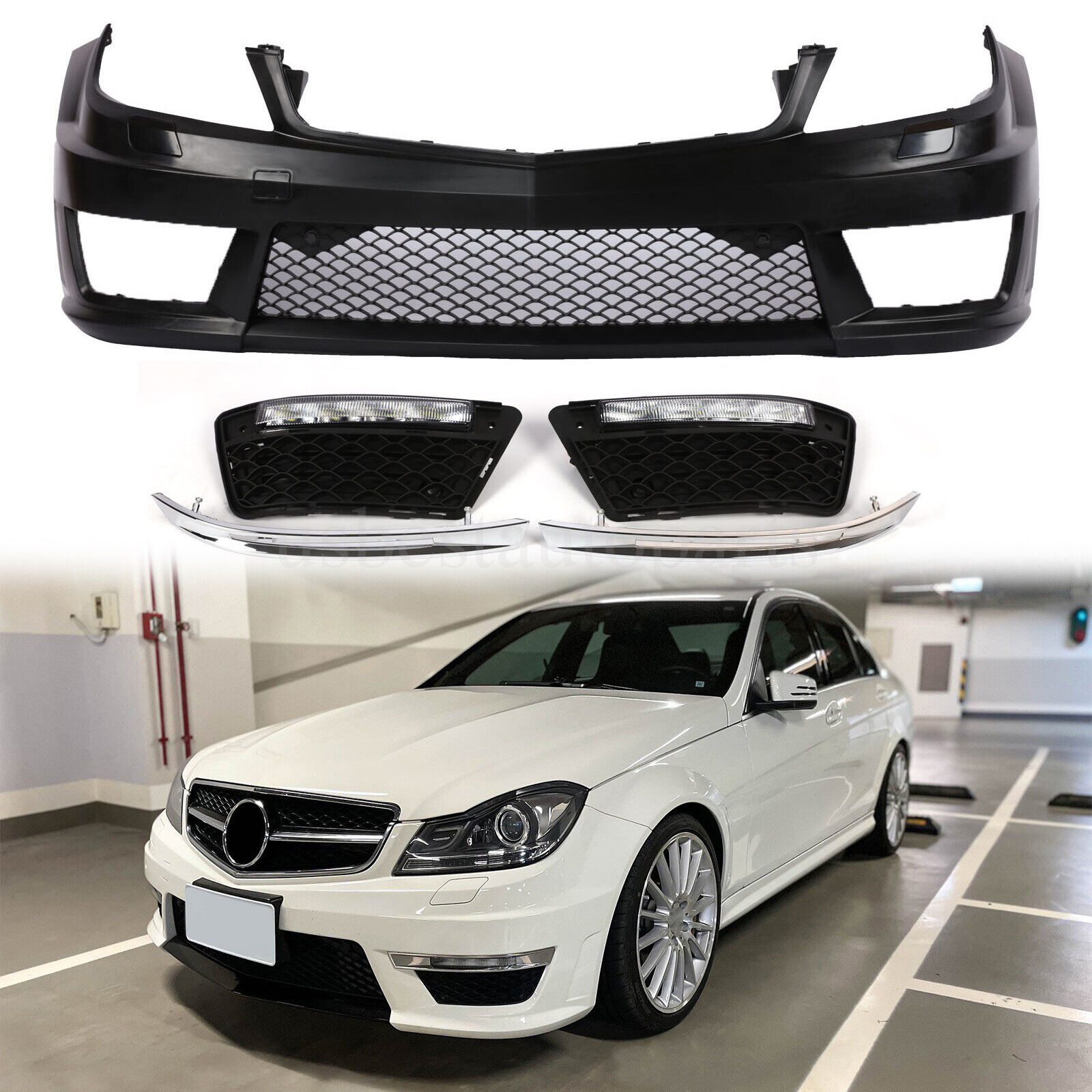 Fit 12-15 Benz W204 C-Class C250 C300 C350 AMG Style Front Bumper W/ DRL W/O PDC