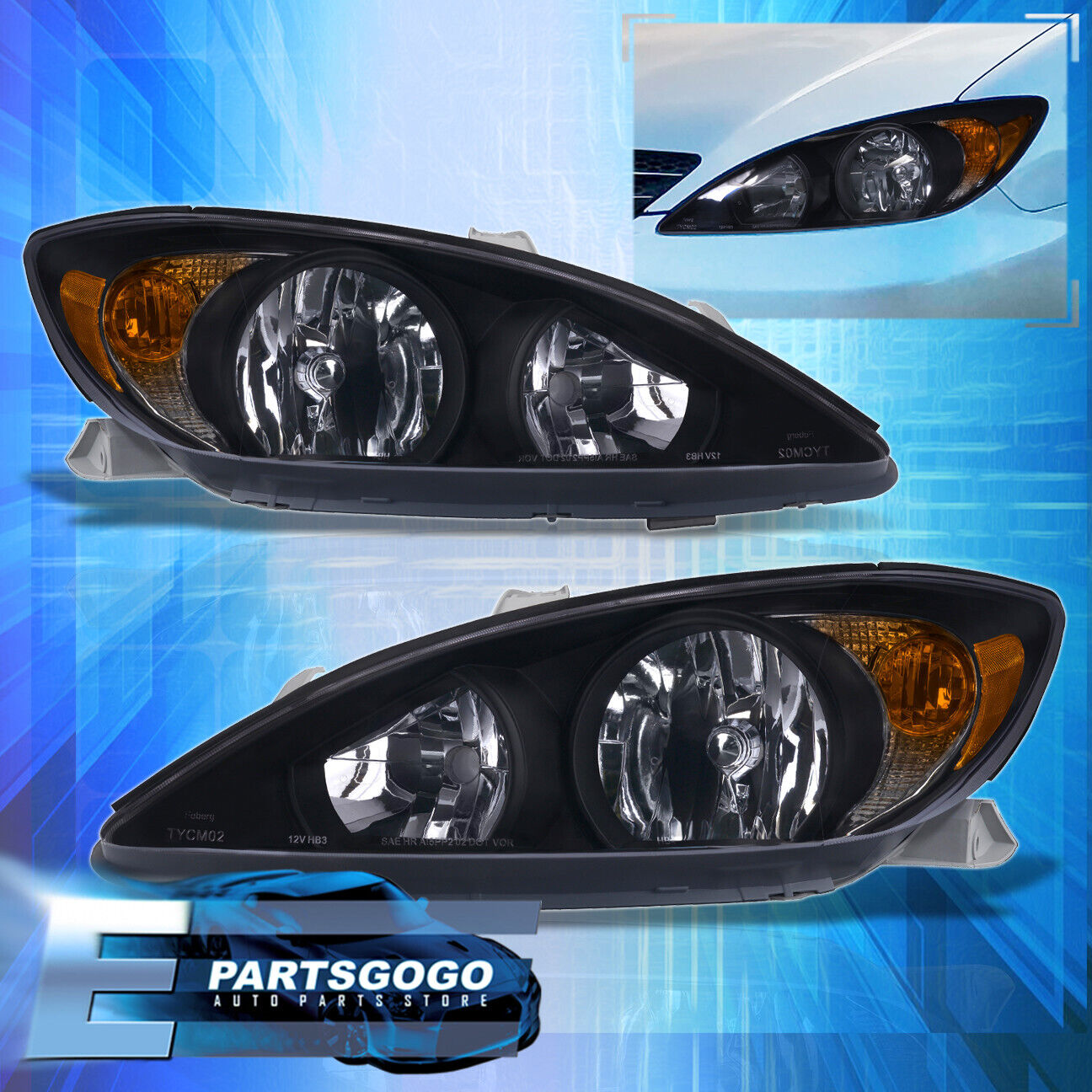 For 02-04 Toyota Camry Replacement Headlights Lamps Pair Left+Right Black Amber
