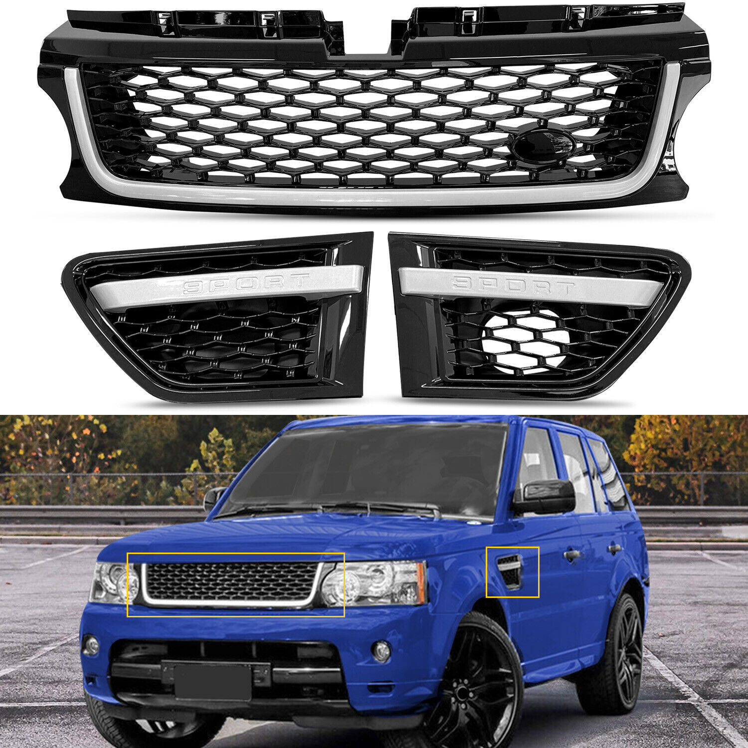 KUAFU Front Black Grille Trim Air Side Vents For 2010-13 Range Rover Sport