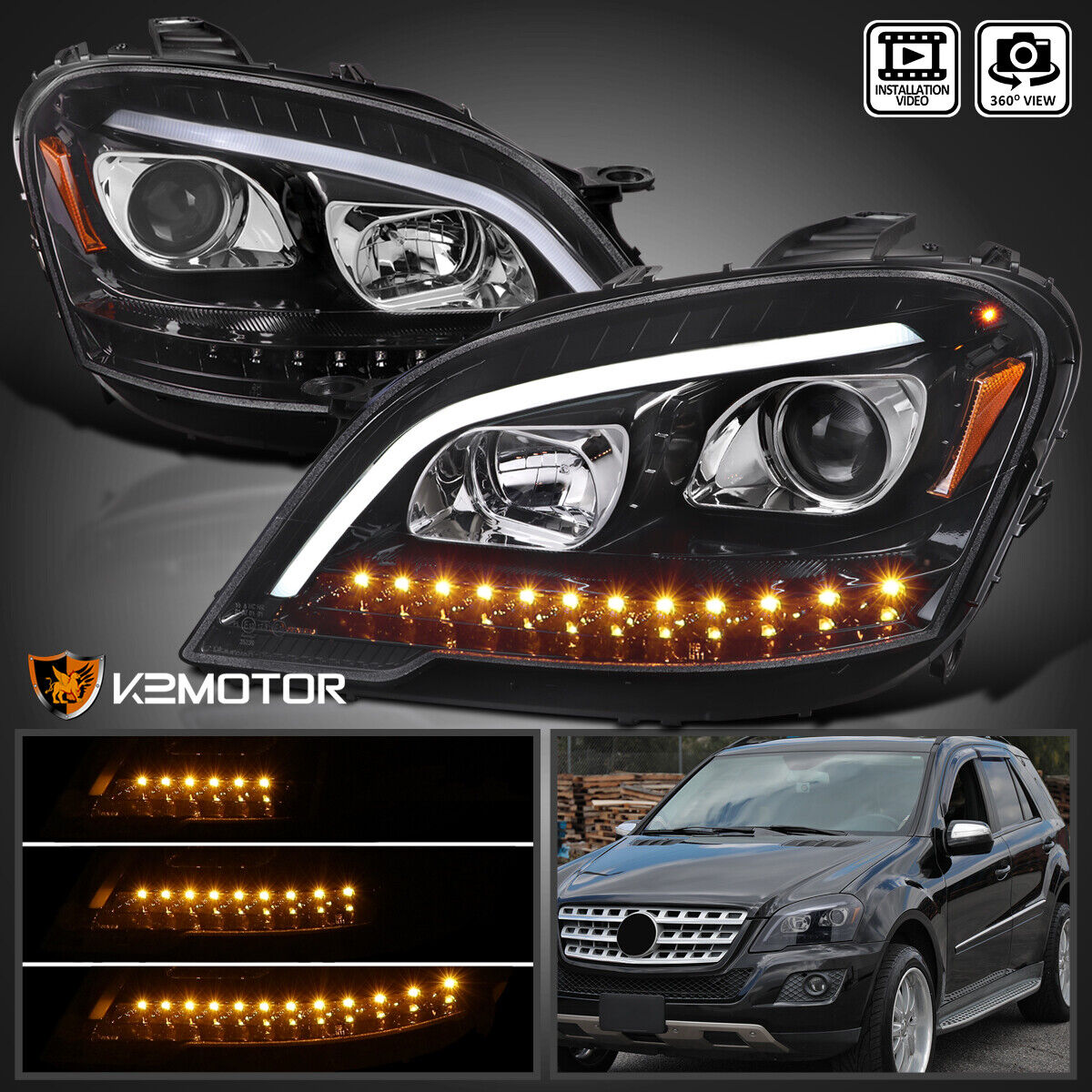 Jet Black Fits 2009-2011 Benz W164 ML320 LED Seq Signal Projector Headlights