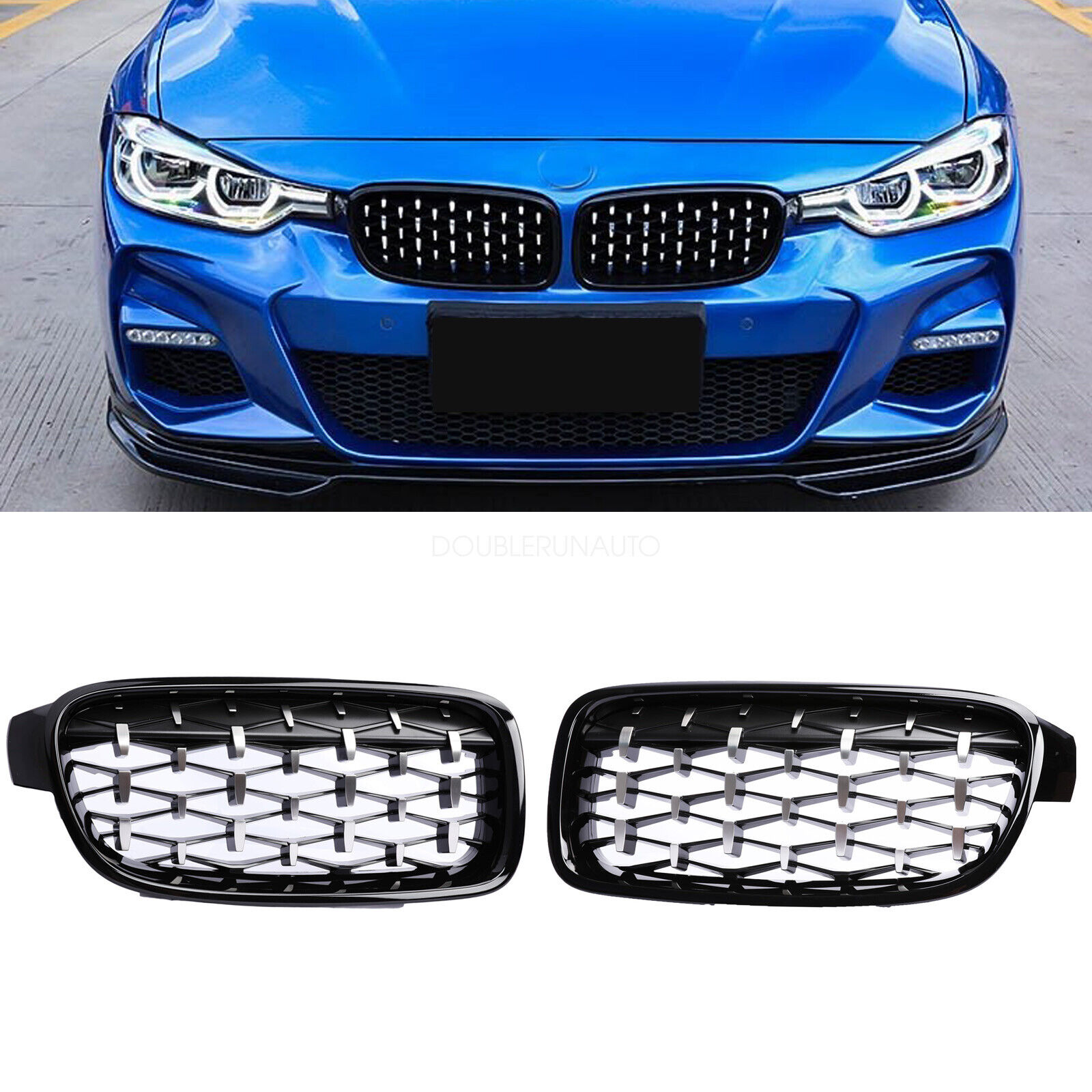 Gloss Black Front Diamond Kidney Grille Grills for BMW F30 328i 335i 2012-2018