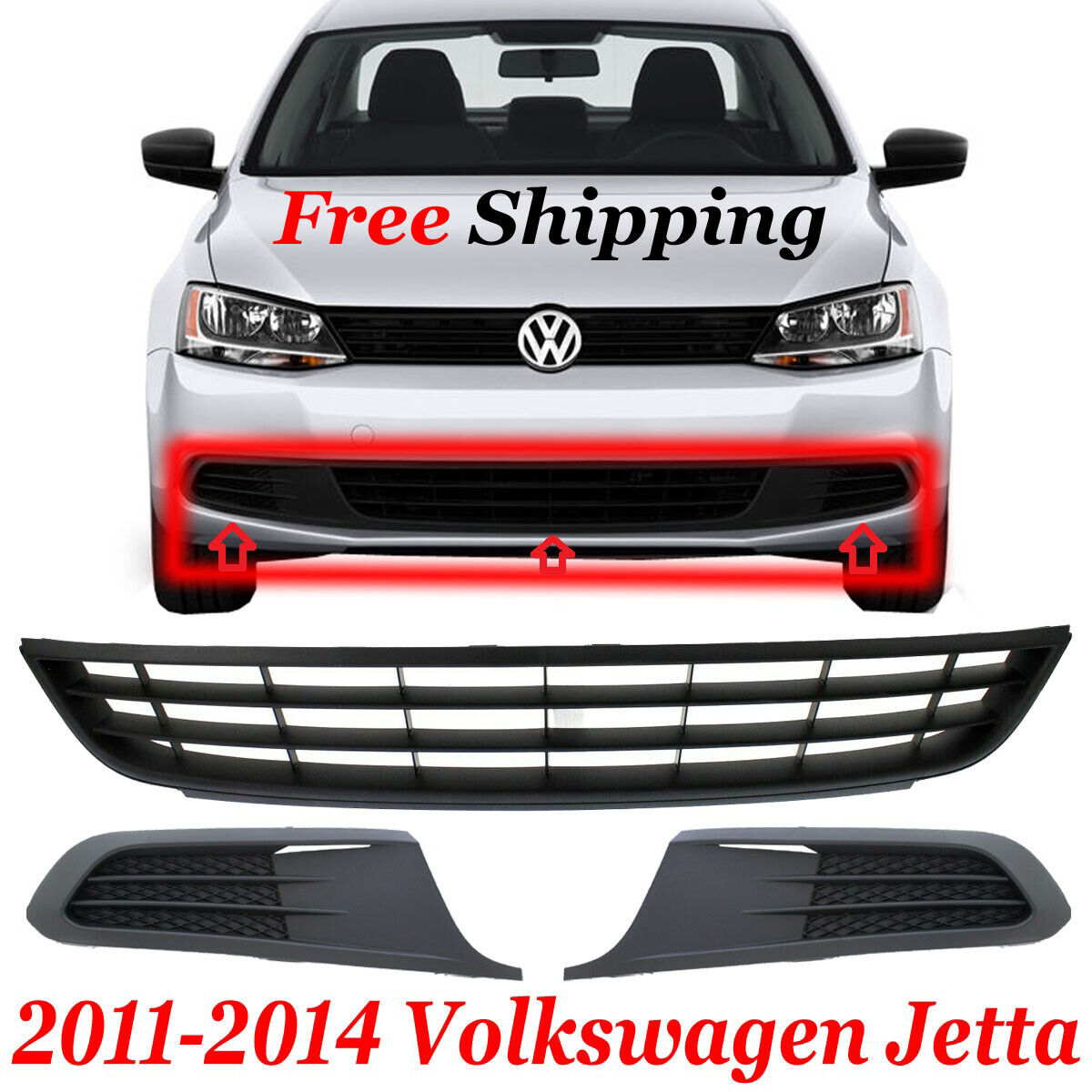 For 2011-2014 Volkswagen Jetta Front New Bumper Lower Grille & Fog Lamp Covers
