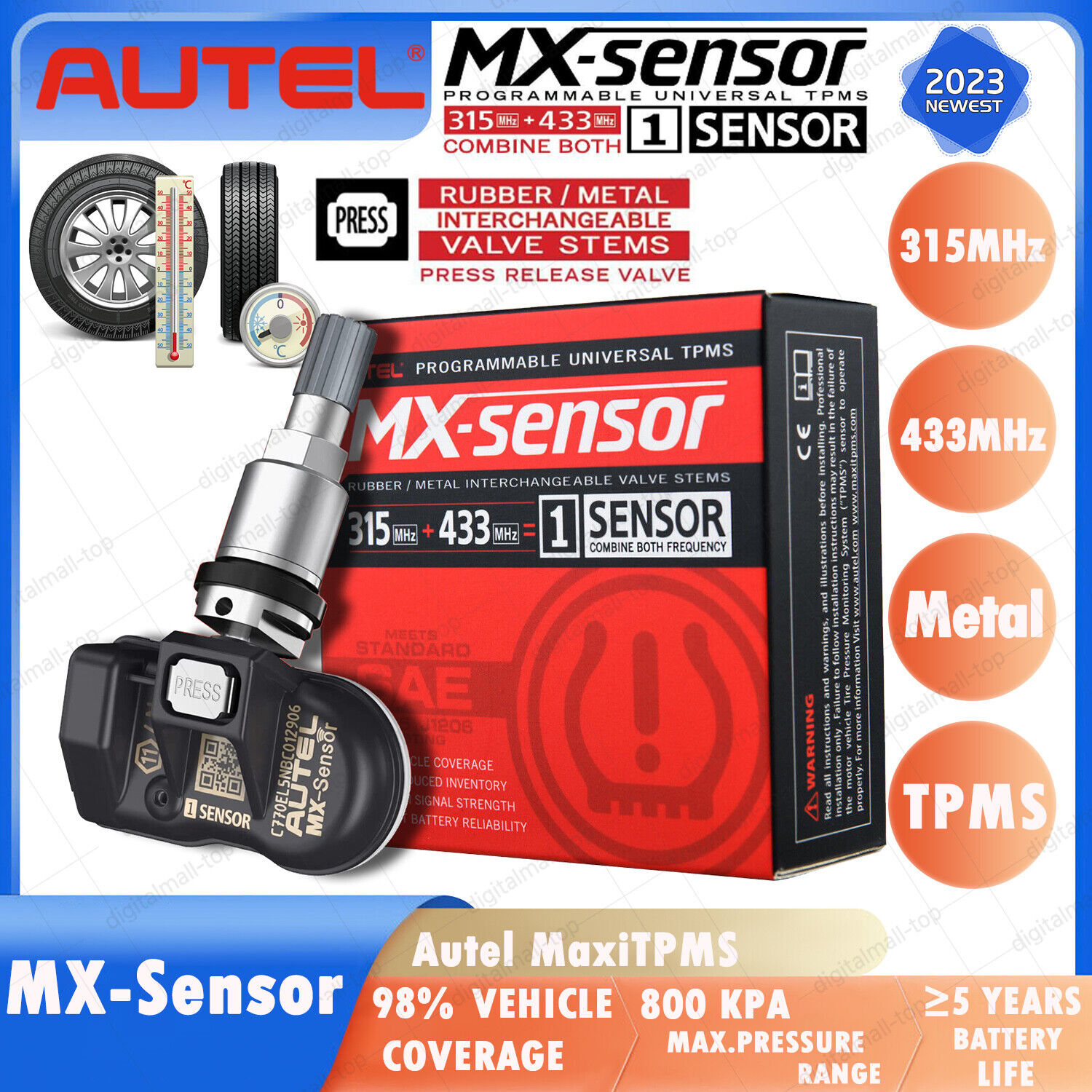 Autel TPMS MX-Sensor 315MHz & 433MHz 2in1 Auto Tire Pressure Sensor Metal Stem 1