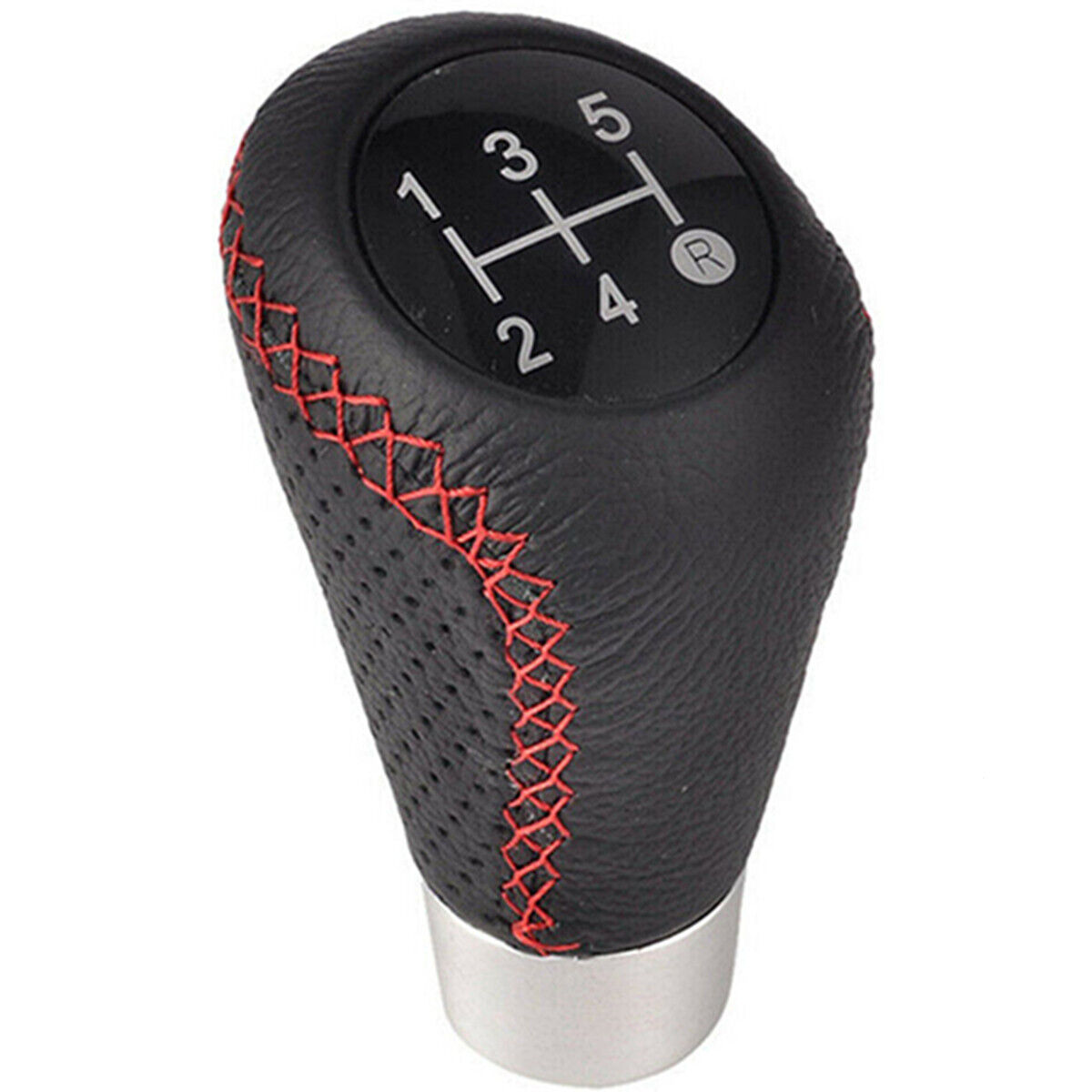 5 Speed Black&Red Line Leather Aluminum Manual Car Gear Shift Knob Shifter Lever