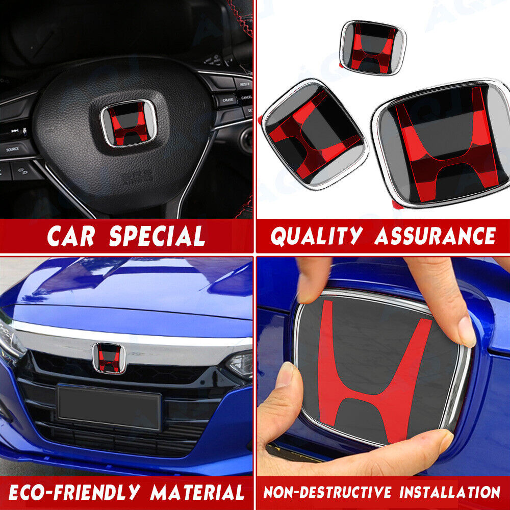 3pcs Black&Red Front+Rearl+Steering Wheel Emble Badge For civic 2016-2021