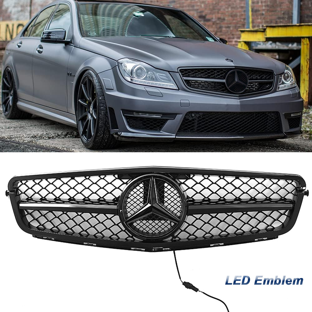 Gloss Black AMG Grille W/LED Emblem For 2008-2014 Mercedes Benz W204 C-Class