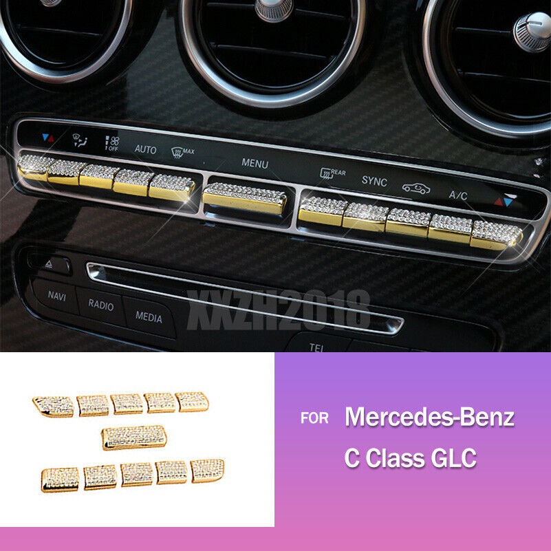 11Pcs Gold Diamond Center AC Buttons Cover Trim For Mercedes Benz C Class GLC