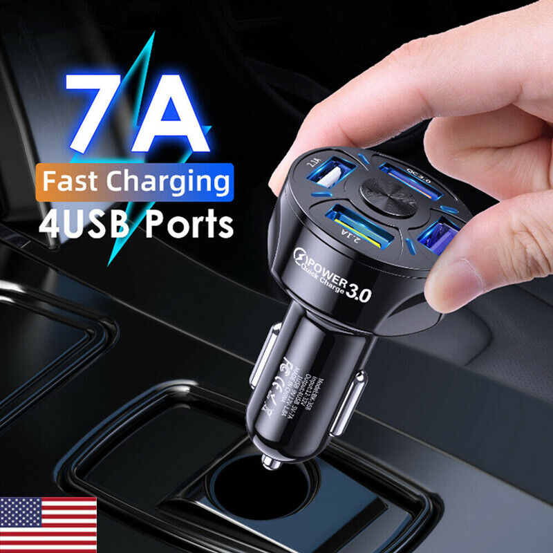 4 Port USB Car Charger Adapter for Phone QC 3.0 Fast Charging Car Accessories US
