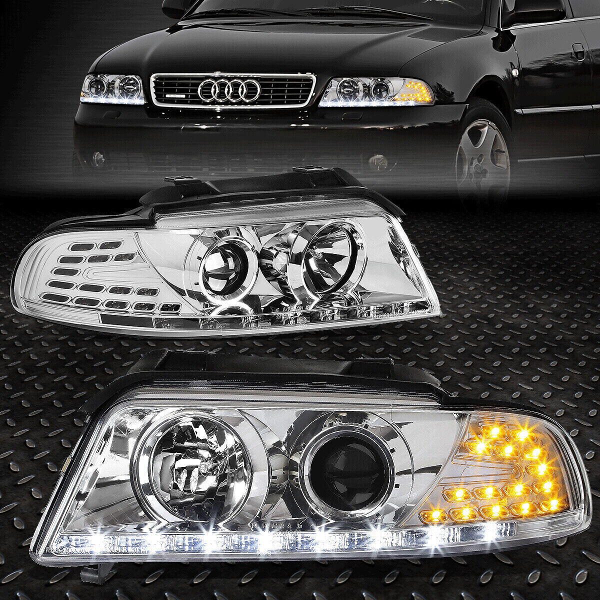 FOR 1996-2001 AUDI A4/QUATTRO CHROME HOUSING PROJECTOR HEADLIGHTS LED DRL+CORNER