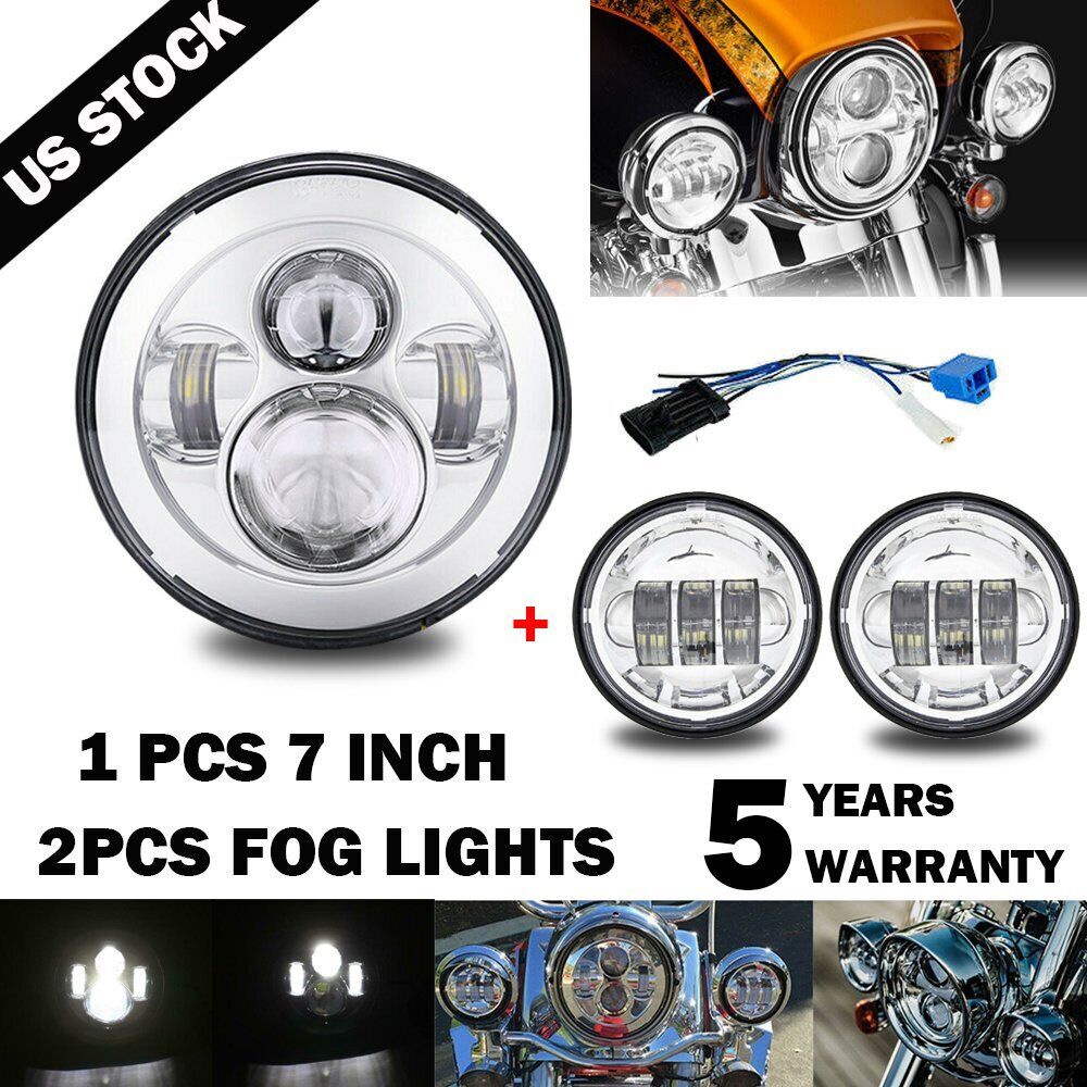 7Inch 140W LED Headlight Hi/Lo + 2Pcs 4.5Inch 80W Fog Light for Harley Davidson