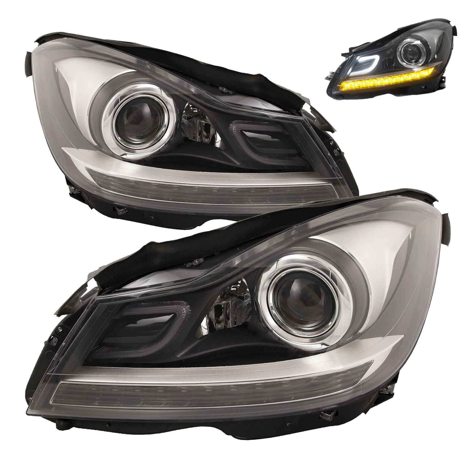 Headlights Fit 12-14 Mercedes-Benz Halogen Projector w/LED DRL Left Right Set