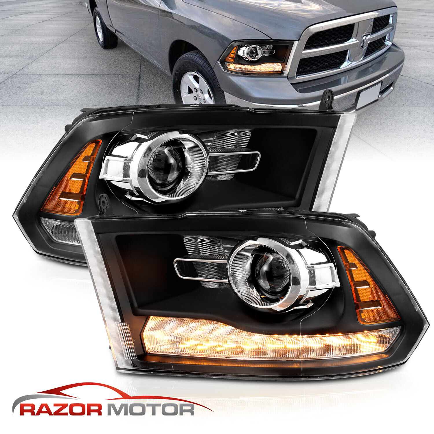 For 2009-2023 Dodge Ram 1500 2500 3500 Mist Black LED Tube Projector Headlights