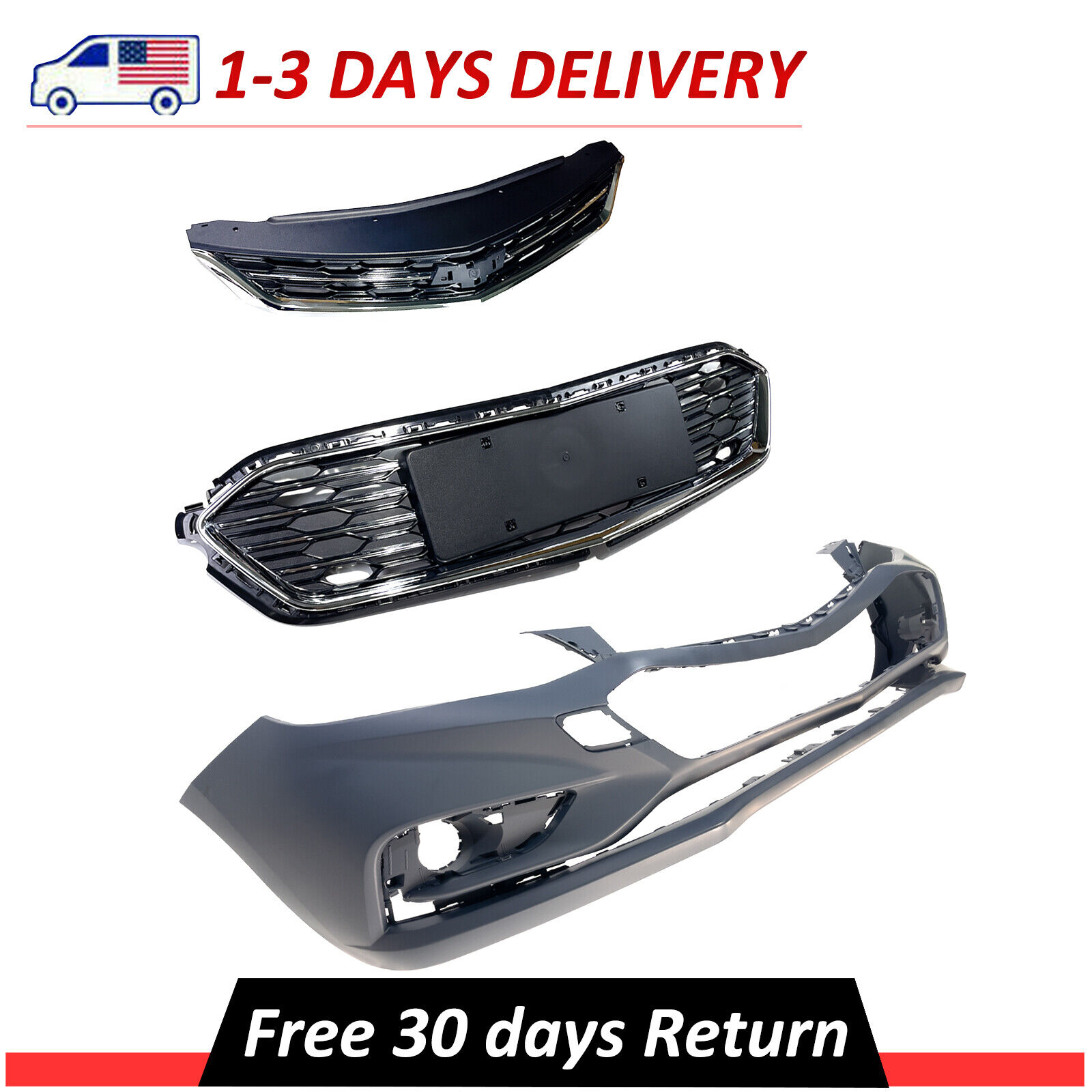 3 PCS Front Bumper Cover & Upper and Lower Grille For 2016 2017 2018 Chevy Cruze