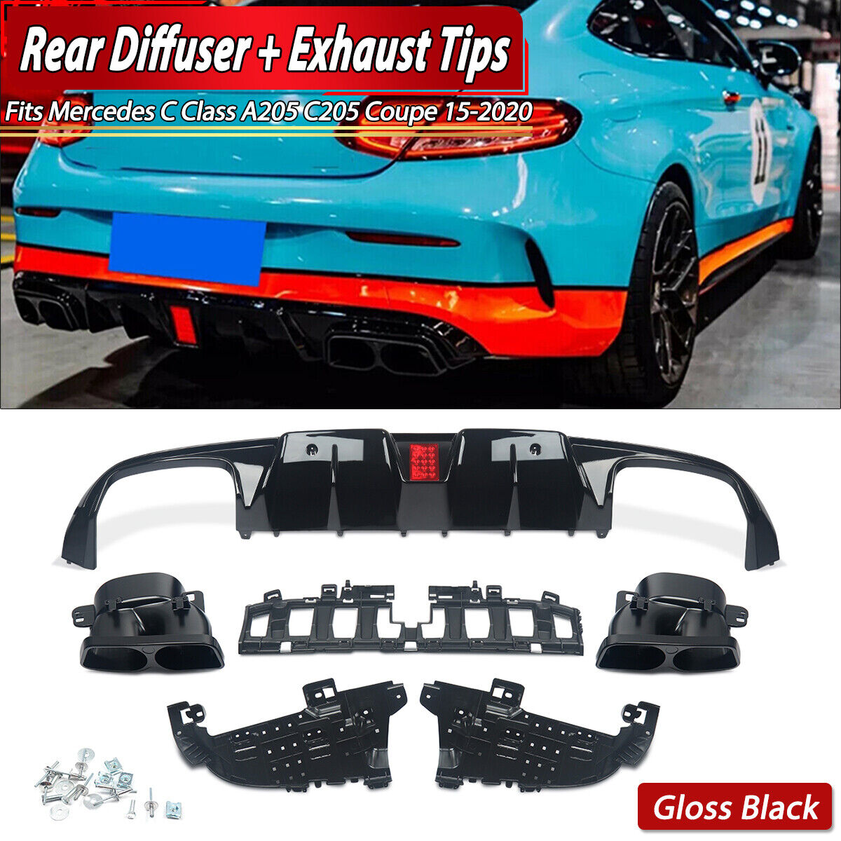 B-Style Rear Diffuser w/ LED Exhaust Tips For Benz C205 Coupe AMG C63 C250 2015+