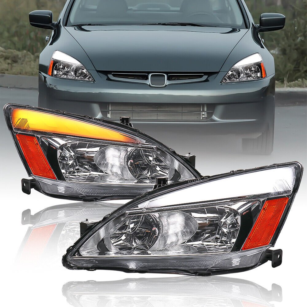 Pair DRL LED Headlights w/ Amber Reflector For 2003-2007 Honda Accord Left+Right