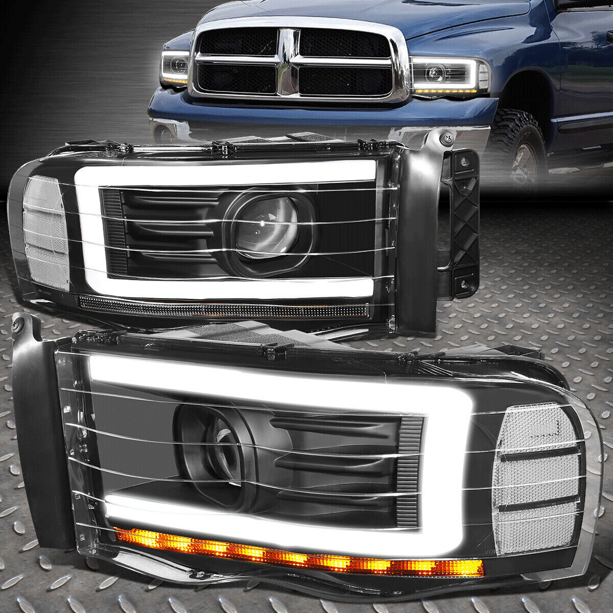 [LED DRL]FOR 02-05 DODGE RAM BLACK SEQUENTIAL TURN SIGNAL PROJECTOR HEADLIGHTS