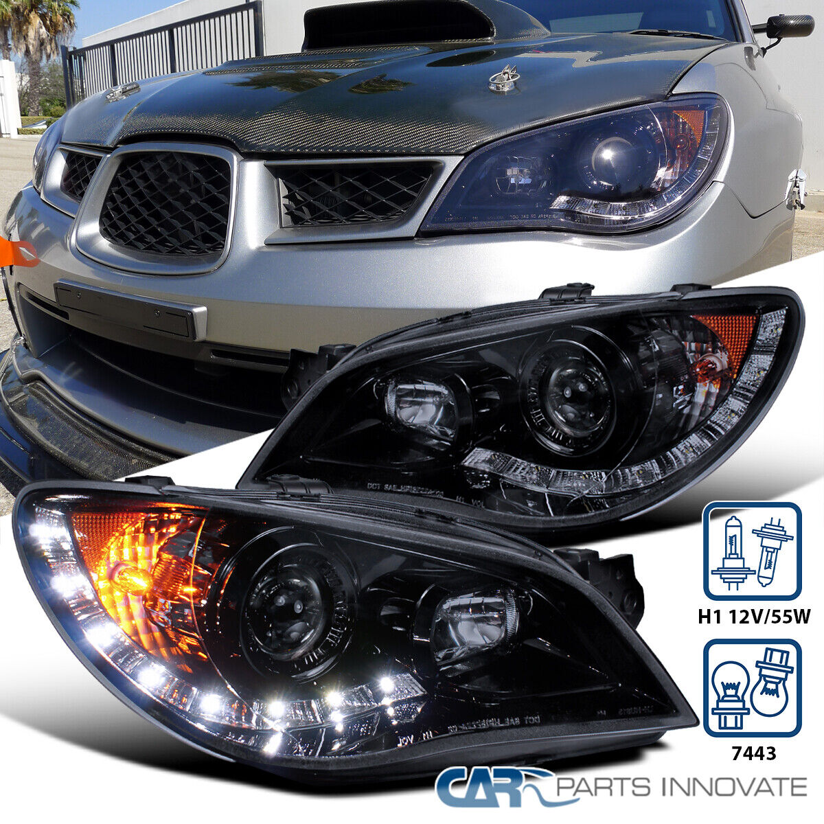 Fit 06-07 Subaru Impreza WRX STI Smoke LED Strip Glossy Blk Projector Headlights