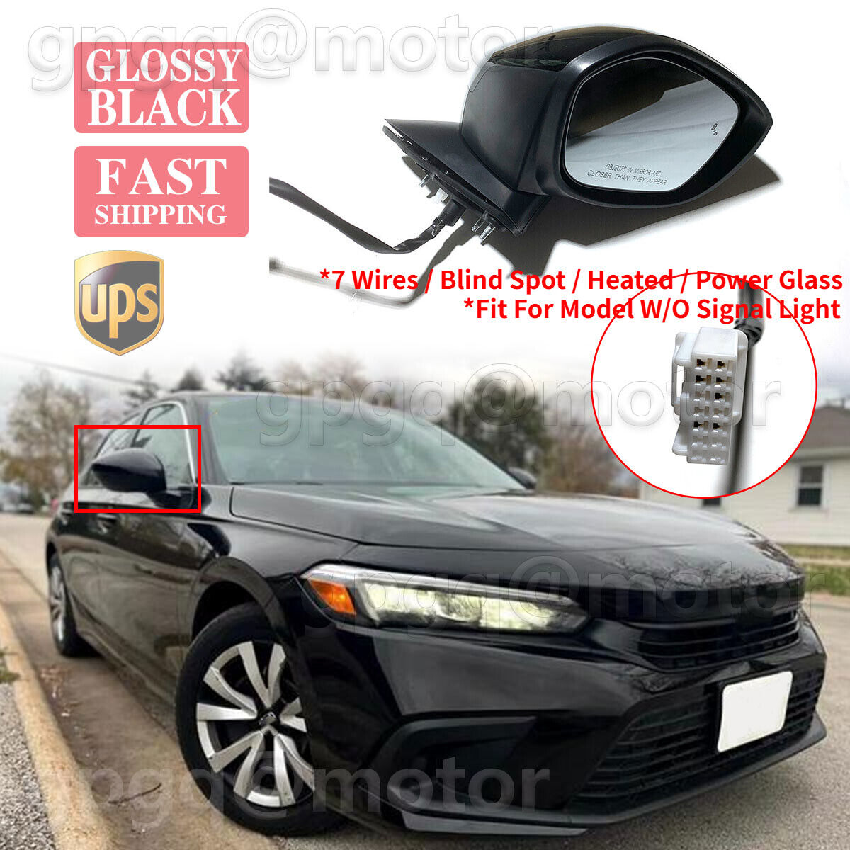 For Honda Civic 2022-2023 Black RH Passenger Side Mirror Assembly W/ Blind Spot