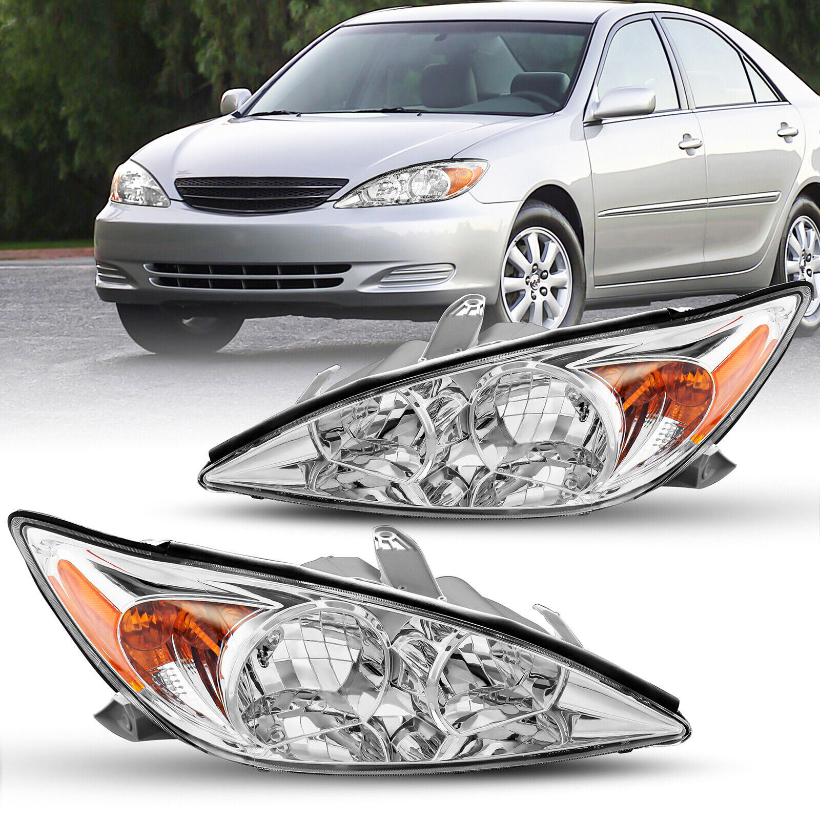 Pair Chrome Headlights Assembly For 2002 2003 2004 Toyota Camry Front Lamps