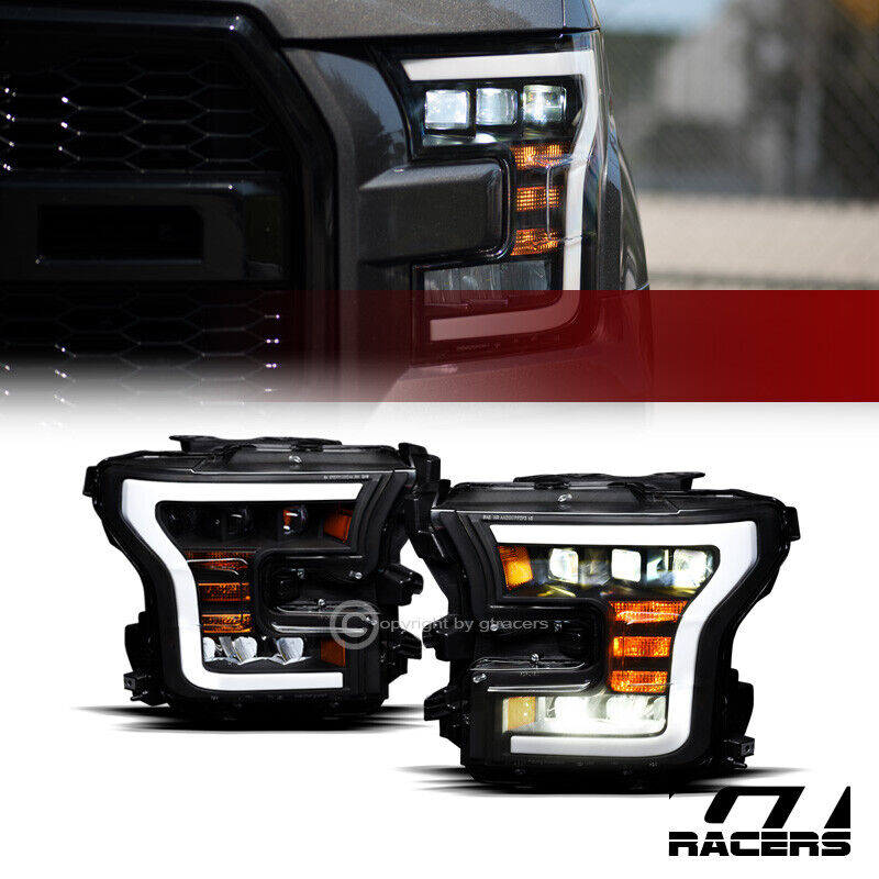 For 2015-2017 Ford F150 Black Full LED Sequential Tube Tri Projector Headlights