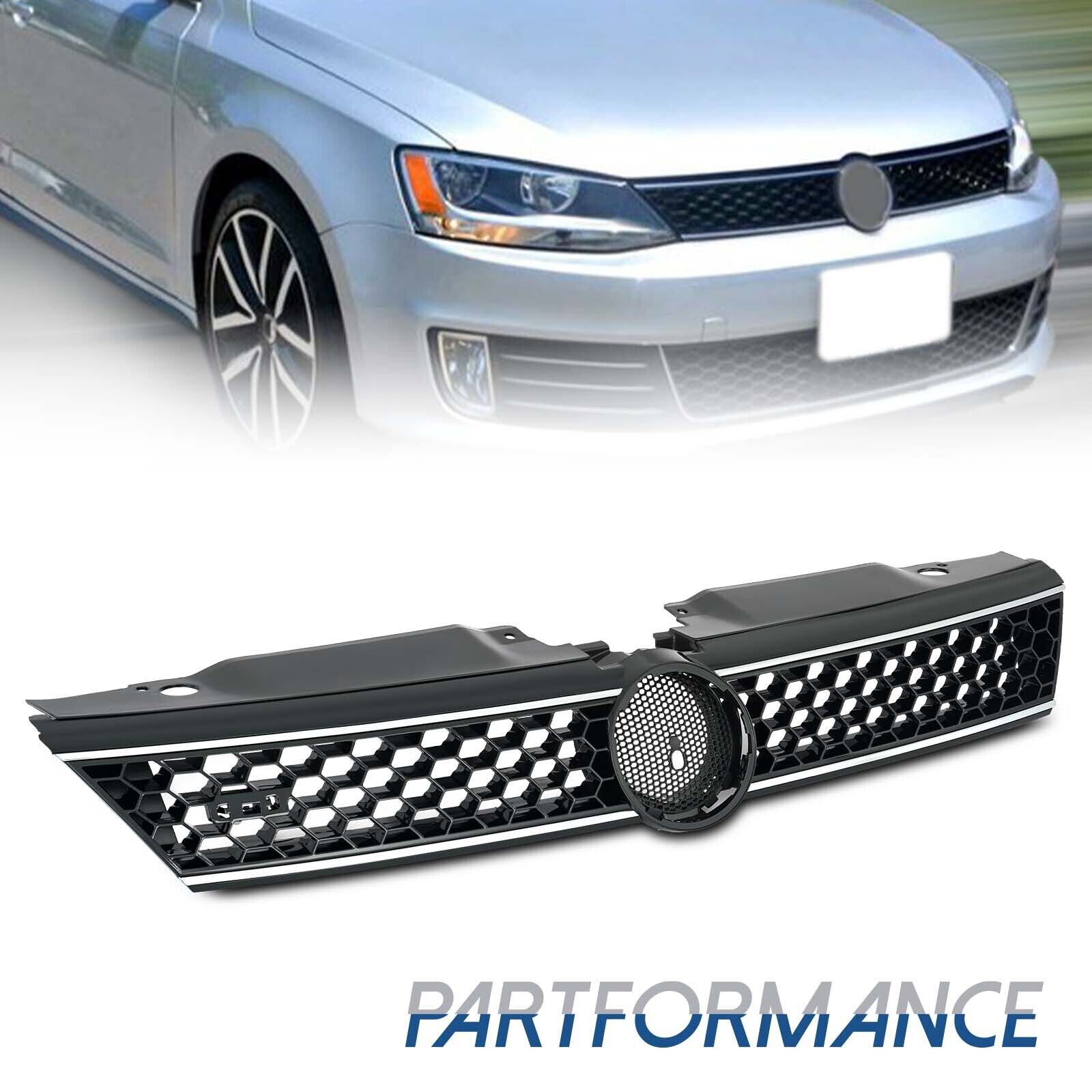 Front Grille Trim Gloss Black Honeycomb W/Chrome For 2011-14 VW Jetta Hex 