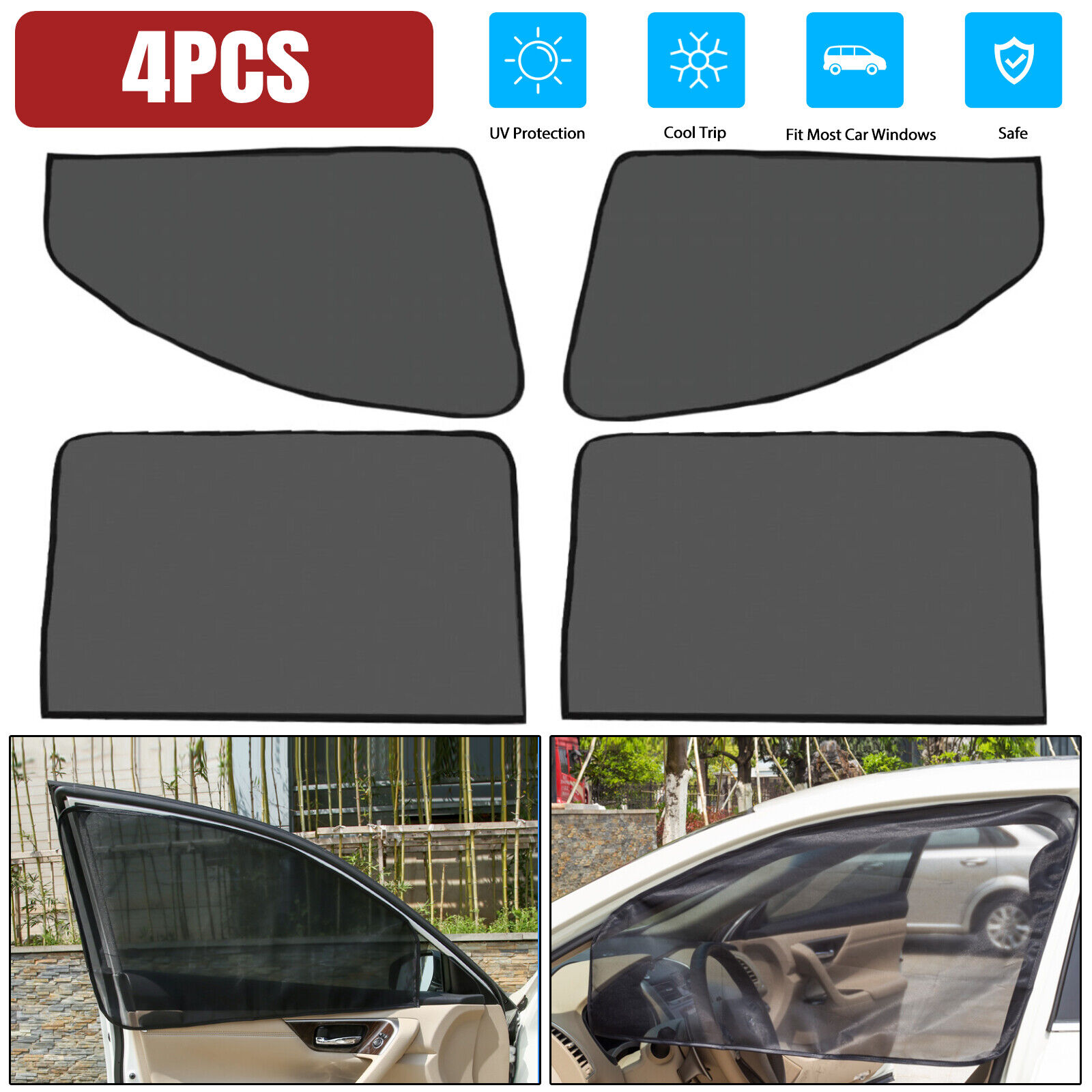 4PCS Car Side Window Sun Shade Cover Visor Mesh Shield UV Block Sunshade Screen