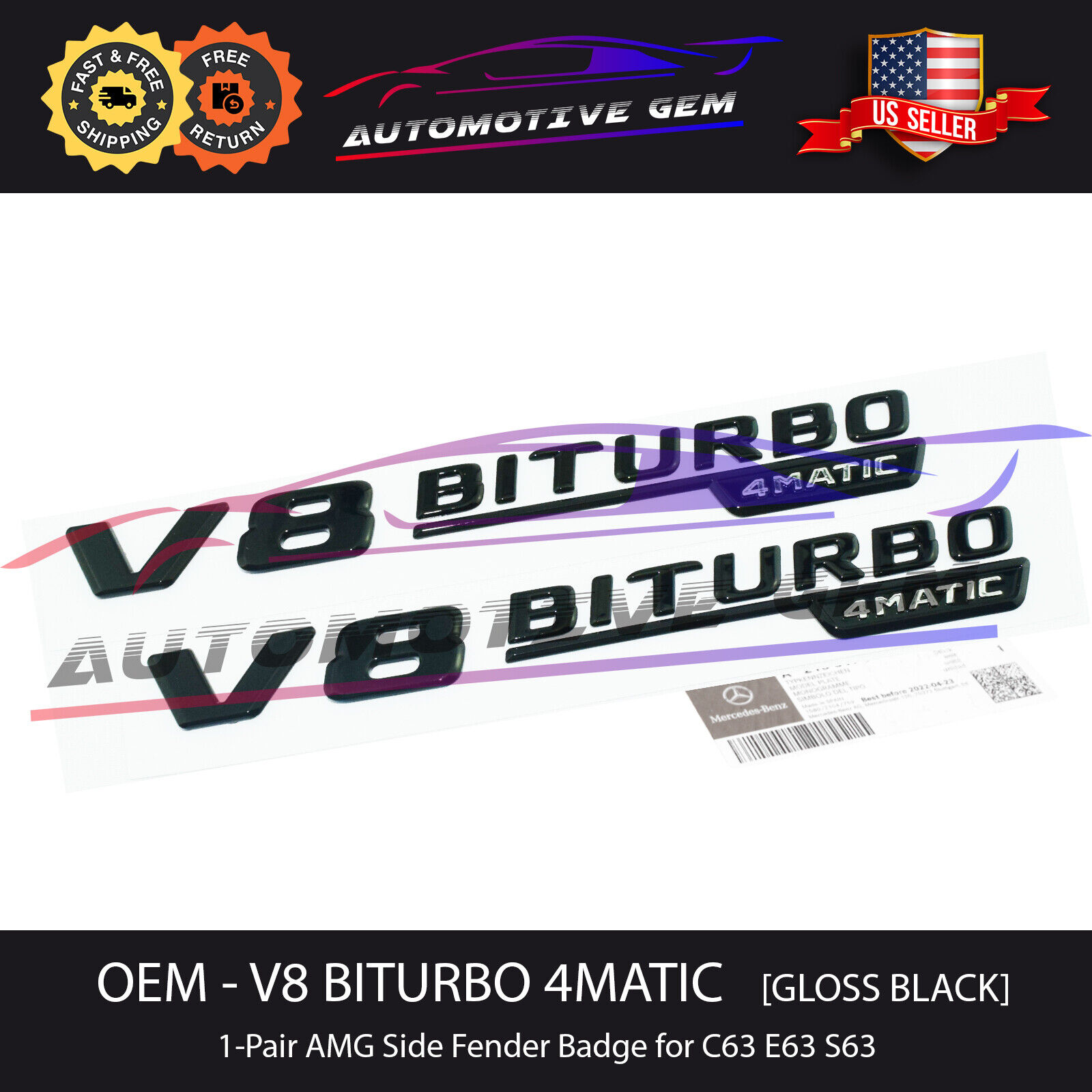 OEM V8 BITURBO 4MATIC Fender AMG Emblem Gloss Black Badge Mercedes C63 E63 S63