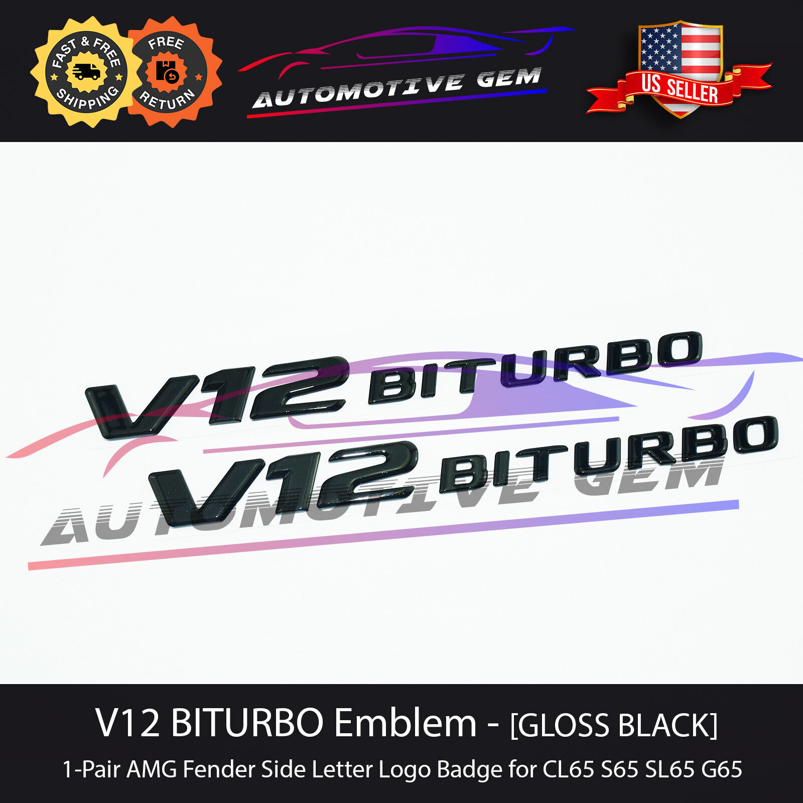 V12 BITURBO Fender AMG Emblem Glossy Black Logo Badge Mercedes CL65 S63 S65 G65