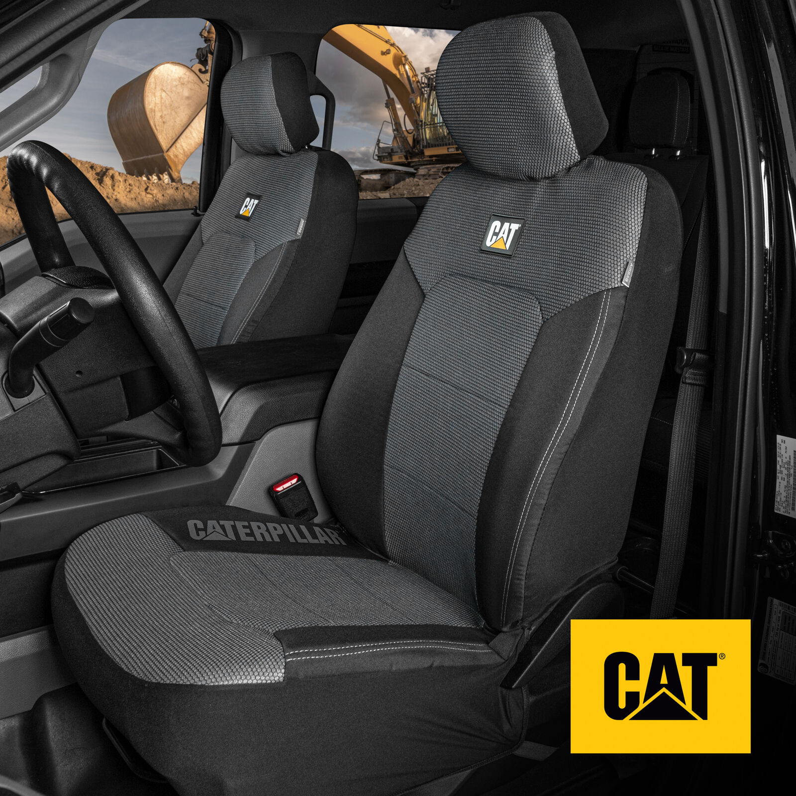 MeshFlex Front Seat Covers Set - CAT Black & Gray Truck SUV Van Car Seat Covers