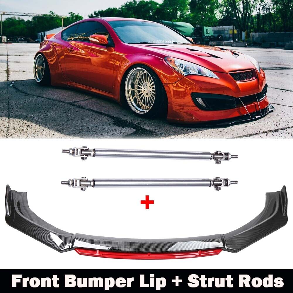 Carbon Front Bumper Lip Spoiler Splitter +Strut Rods For Hyundai Genesis Coupe