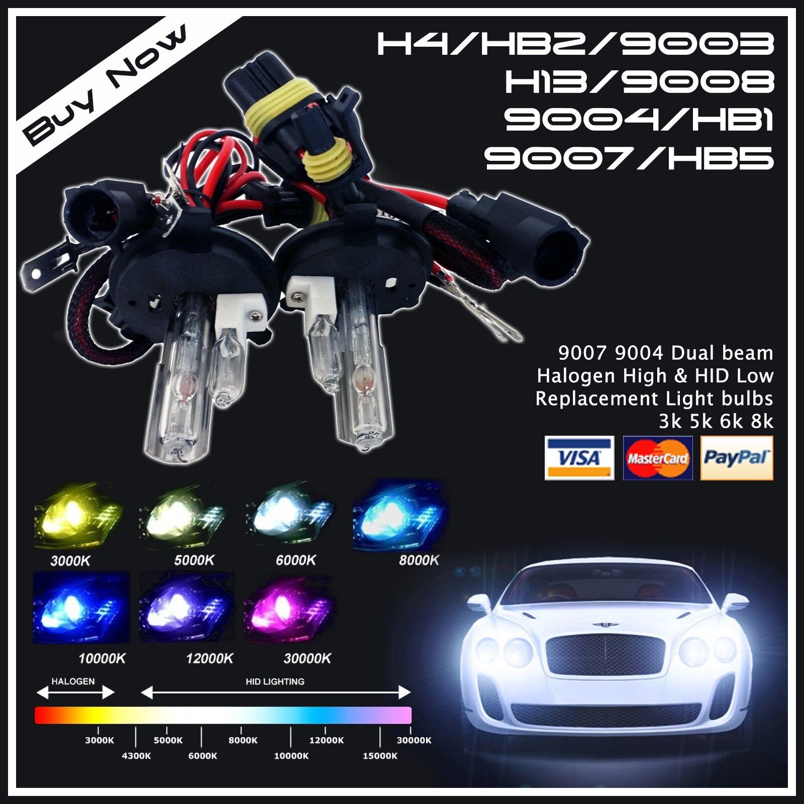 Two 35W 55W Xentec Xenon HID Kit \'s Replacement High & Low Light Bulbs H4 9007