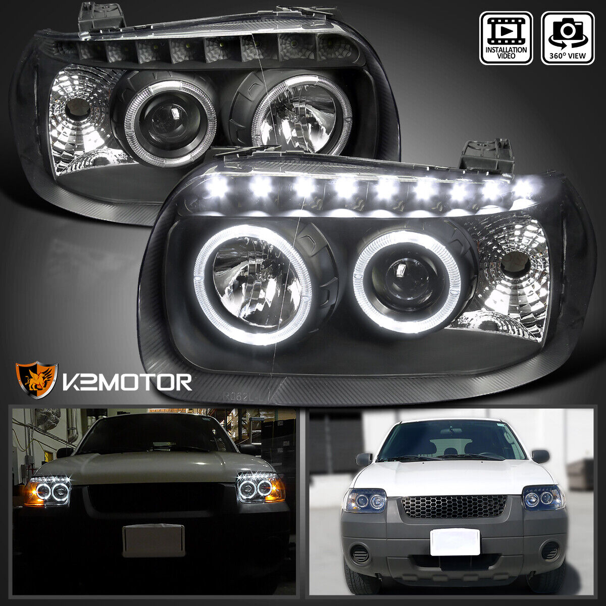 Black Fits 2005-2007 Ford Escape LED Halo Projector Headlights Lamps Left+Right