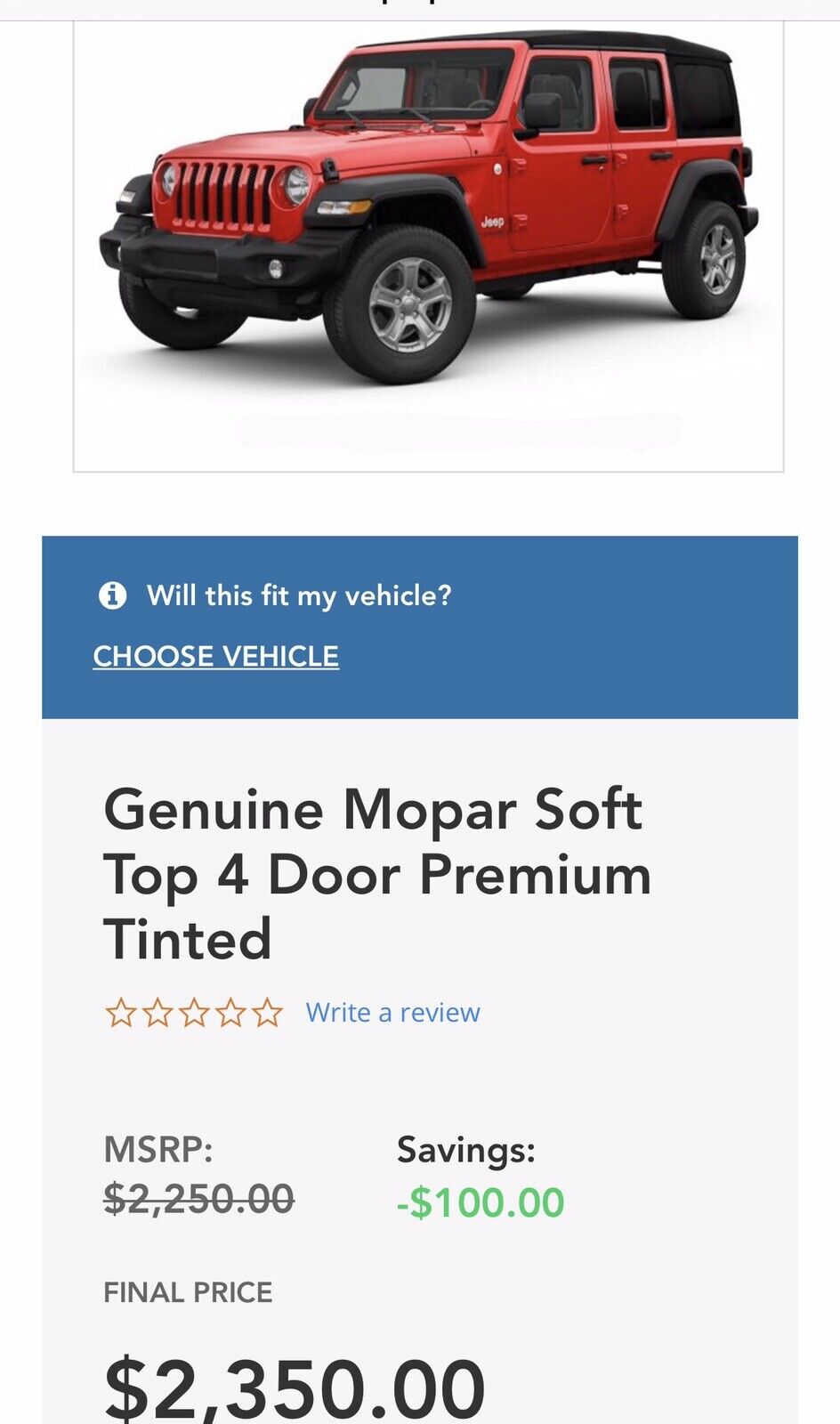 Genuine Mopar Soft Top 4 Door Premium Tinted 82215146AB