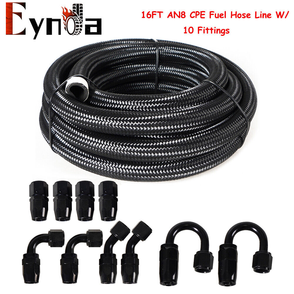 16FT AN8 Nylon Stainless Steel Braided Fuel Hose End Fuel Adapter Kit Oil Line
