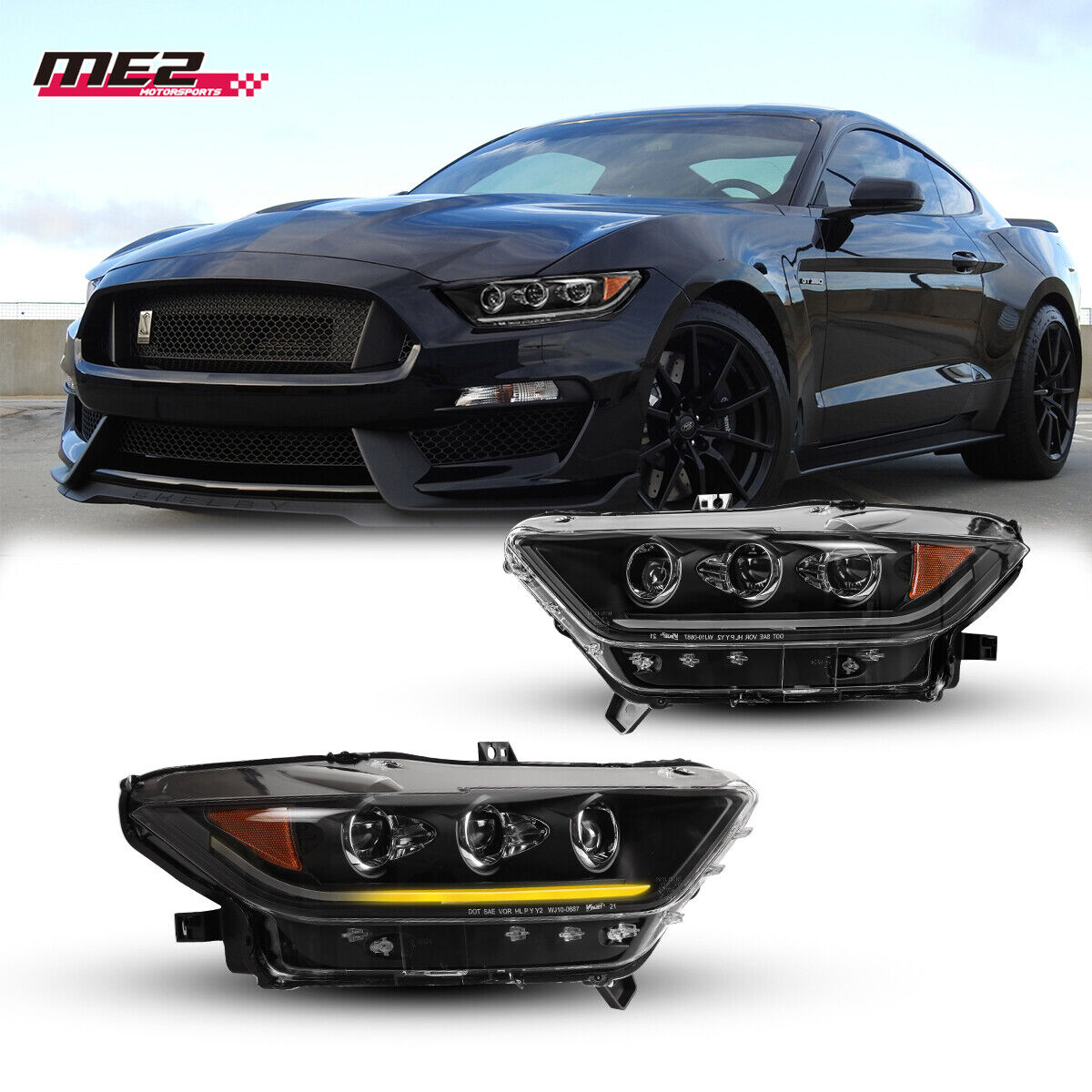 For 2015-2017 Ford Mustang LED Sequential Signal Black Projector Headlights PAIR