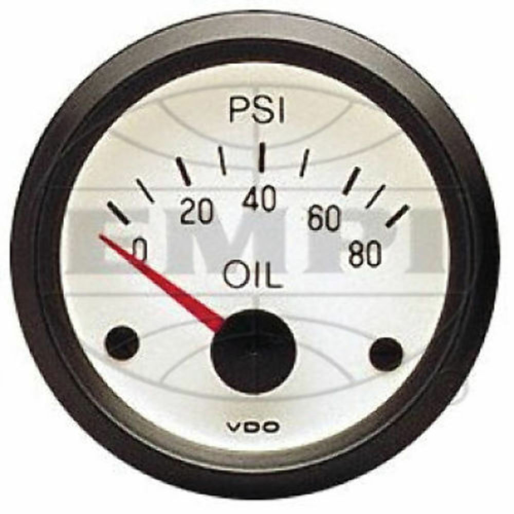 V3-5024-0 VDO OIL PRESSURE GAUGE, 0-80 PSI, WHITE FACE, BLACK #'S & RED POINTER