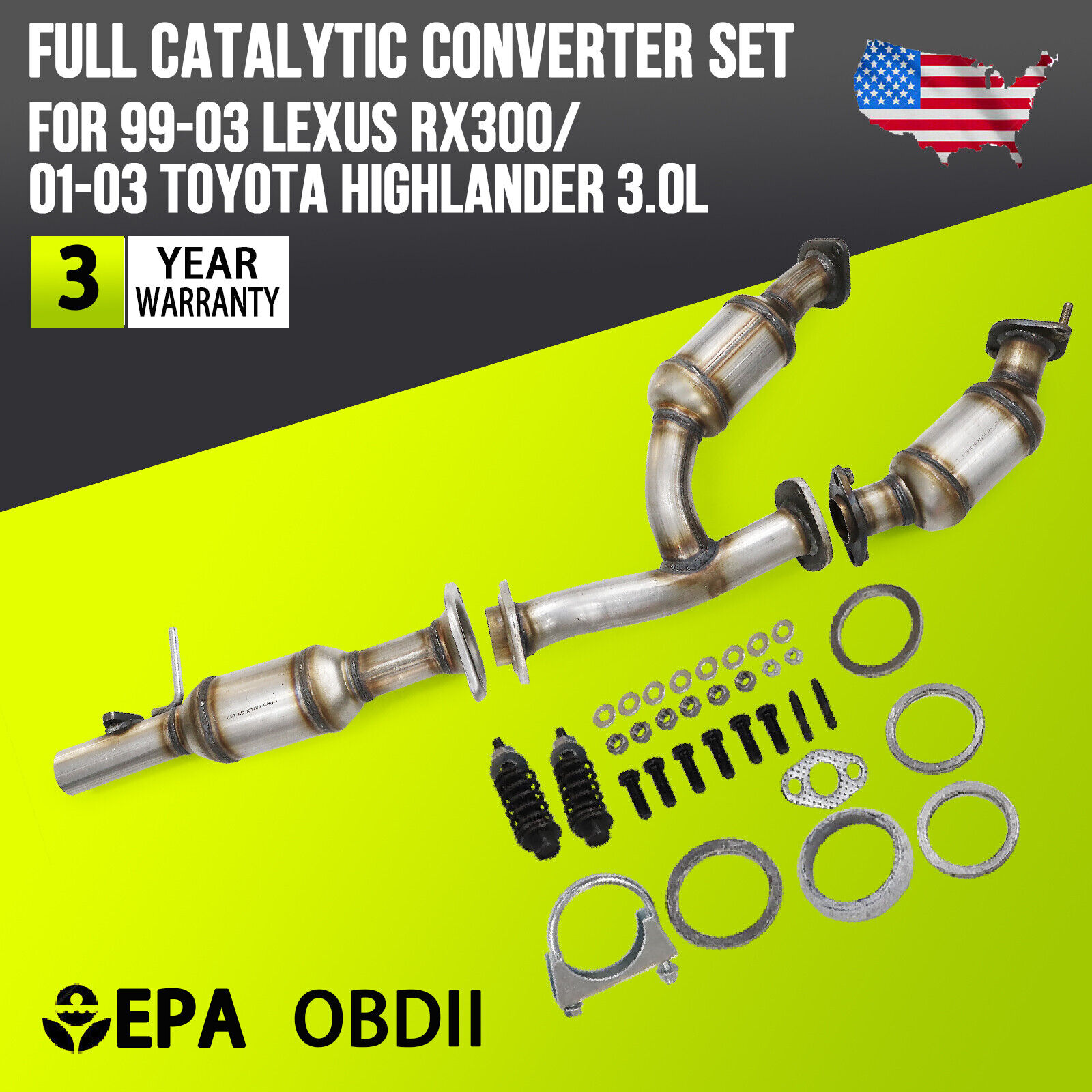 Full Catalytic Converter Set for 99-03 Lexus RX300/01-03 Toyota Highlander 3.0L