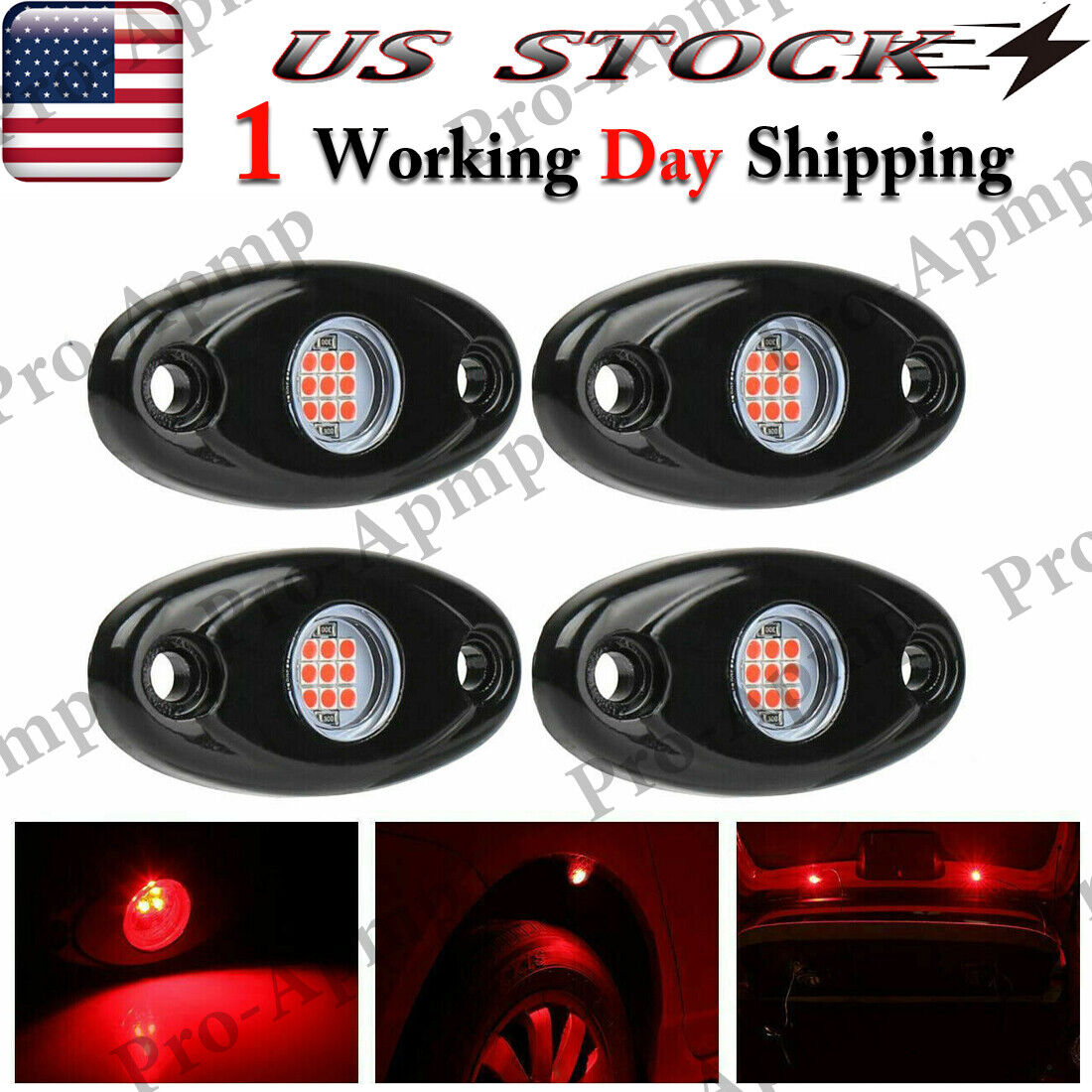 4x Red LED Rock Lights Underbody Trail Rig Glow Lamp 9W Offroad SUV Pickup Truck