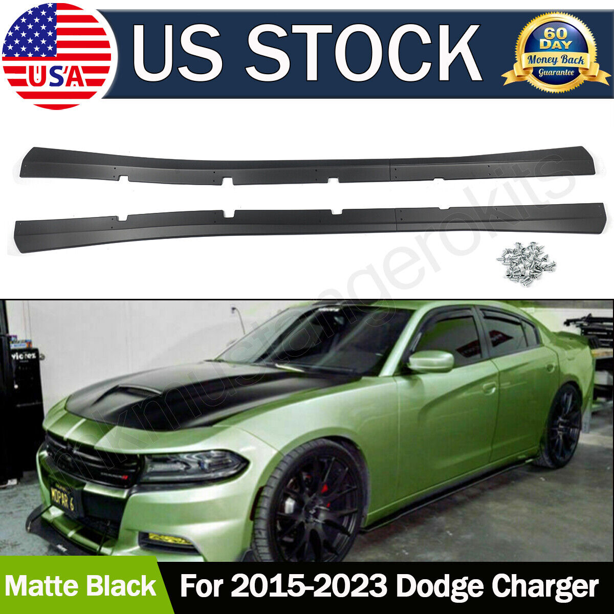 Fits 15-23 Dodge Charger GT Style Matte Black Side Skirt Rocker Panels Extension