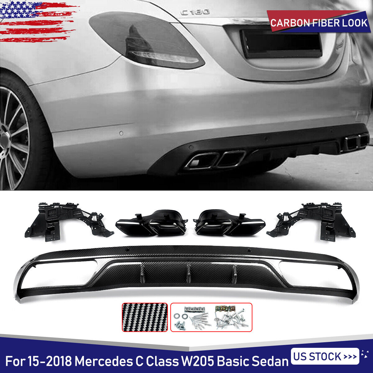 For 15-2018 Mercedes C W205 Base Sedan Carbon Look Rear Diffuser W/ Exhaust Tips