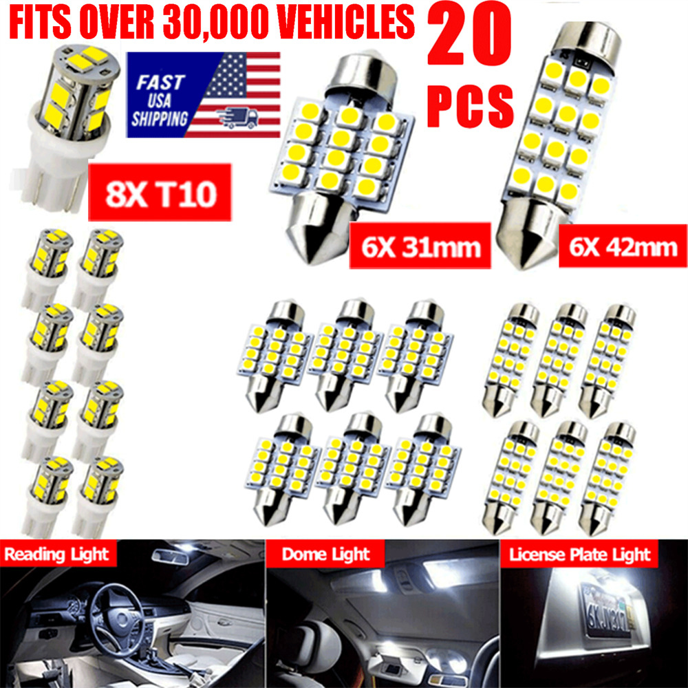 20pcs LED Interior Lights Bulbs Kit Car Trunk Dome License Plate Lamps 6000K T1