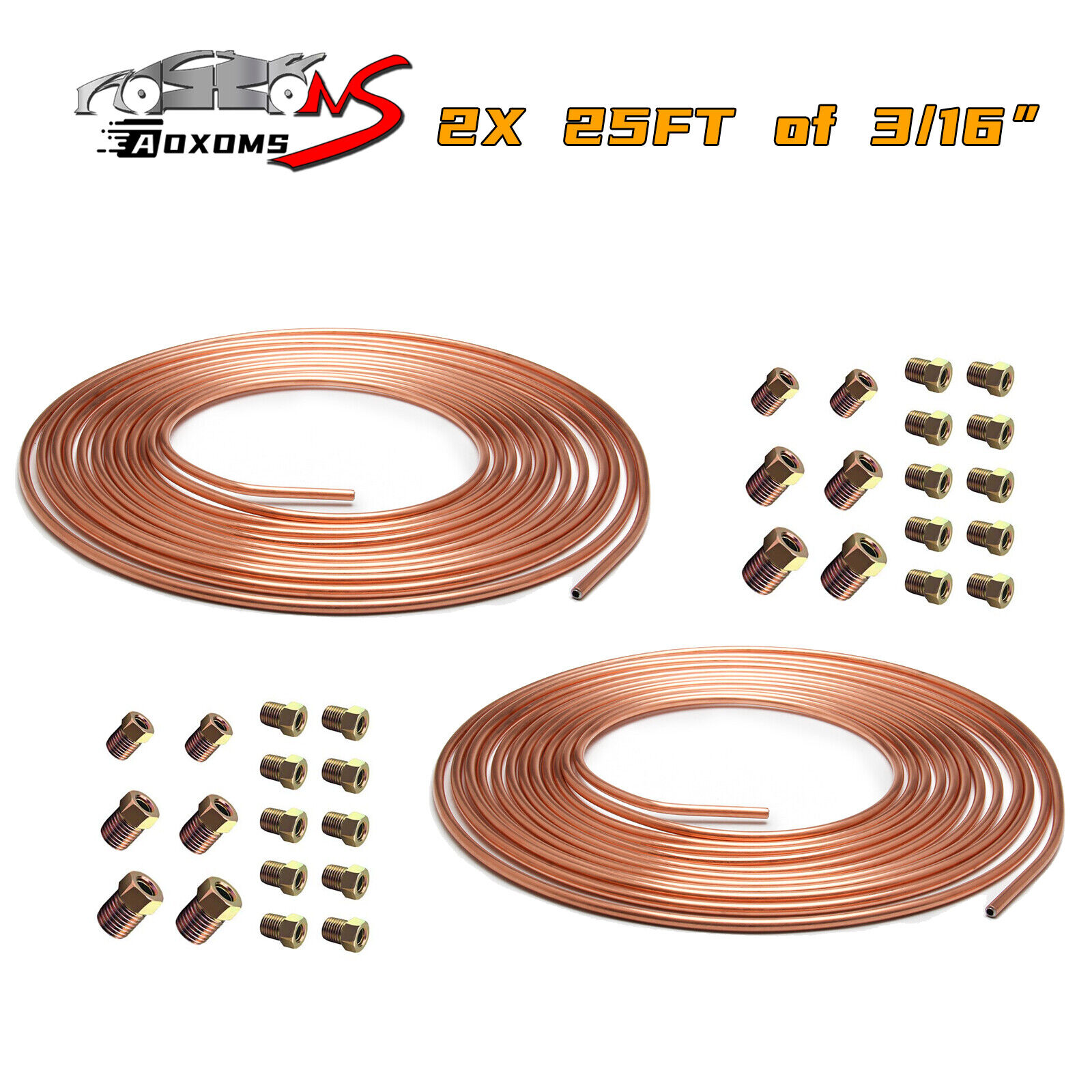 2 x Copper Nickel Brake Line Tubing Kit 3/16 OD 25 FT Coil Roll All Size Fitting