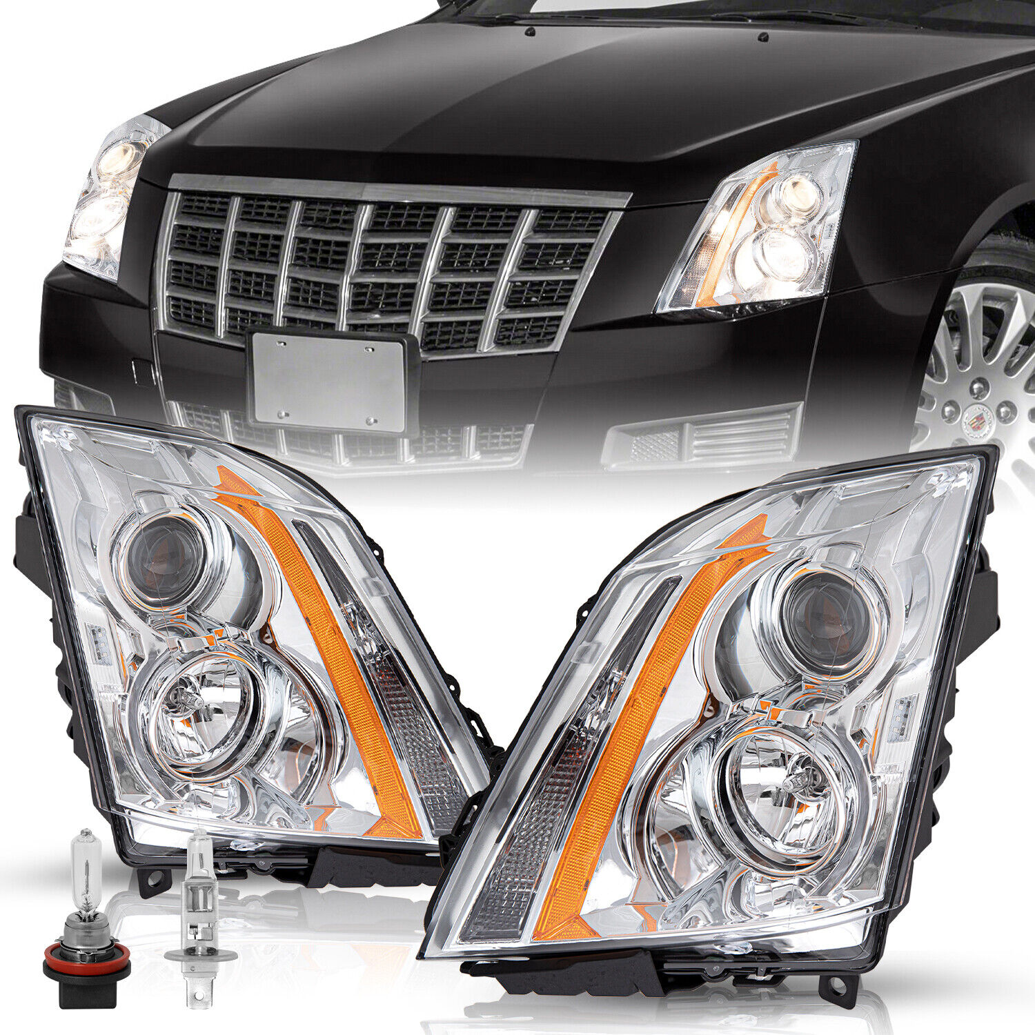 For 2008-2014 Cadillac CTS Chrome Amber Halogen Headlights Headlamps LH+RH Pair
