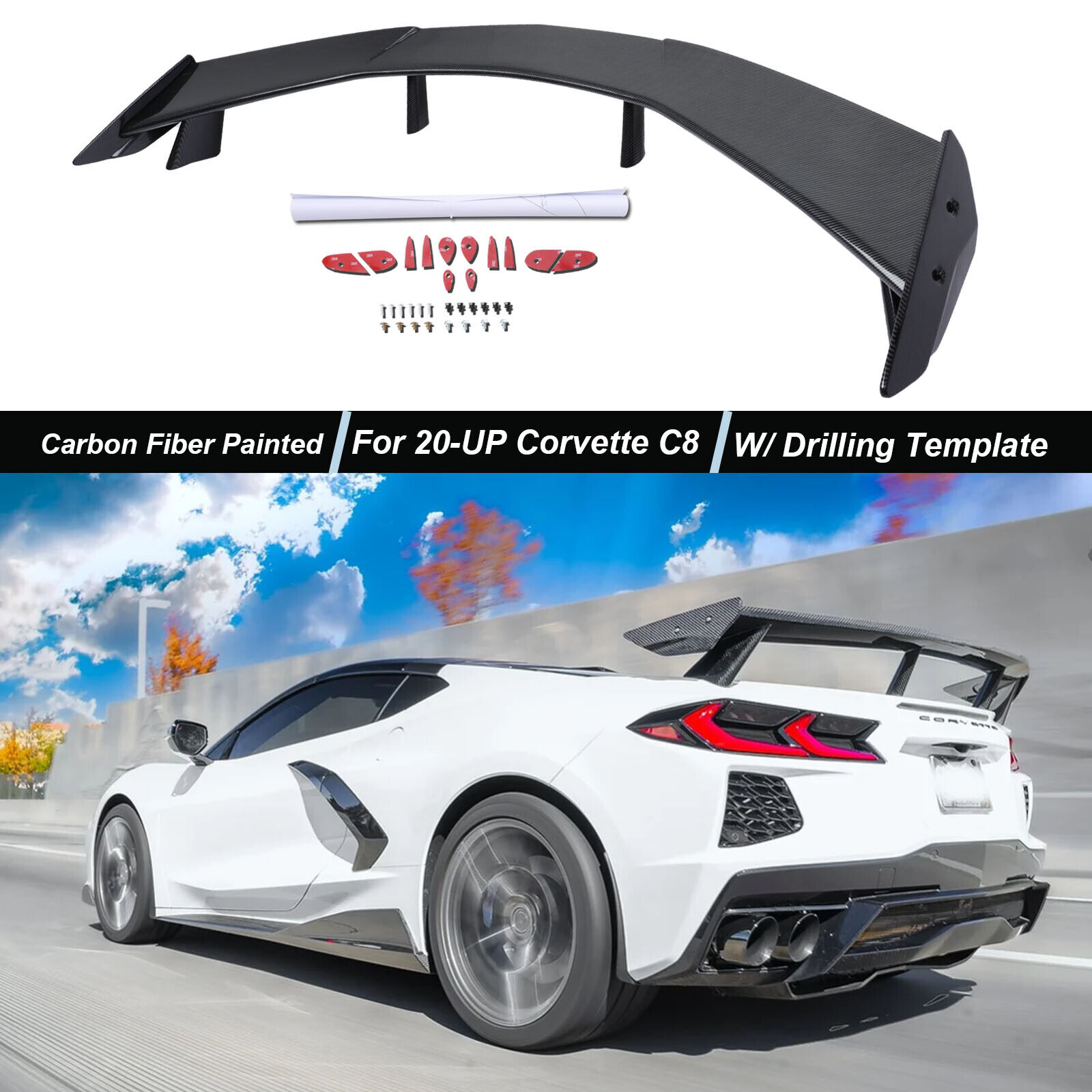 Carbon Fiber Look Rear Trunk Lid High Wing Spoiler GM For 20-24 Corvette C8