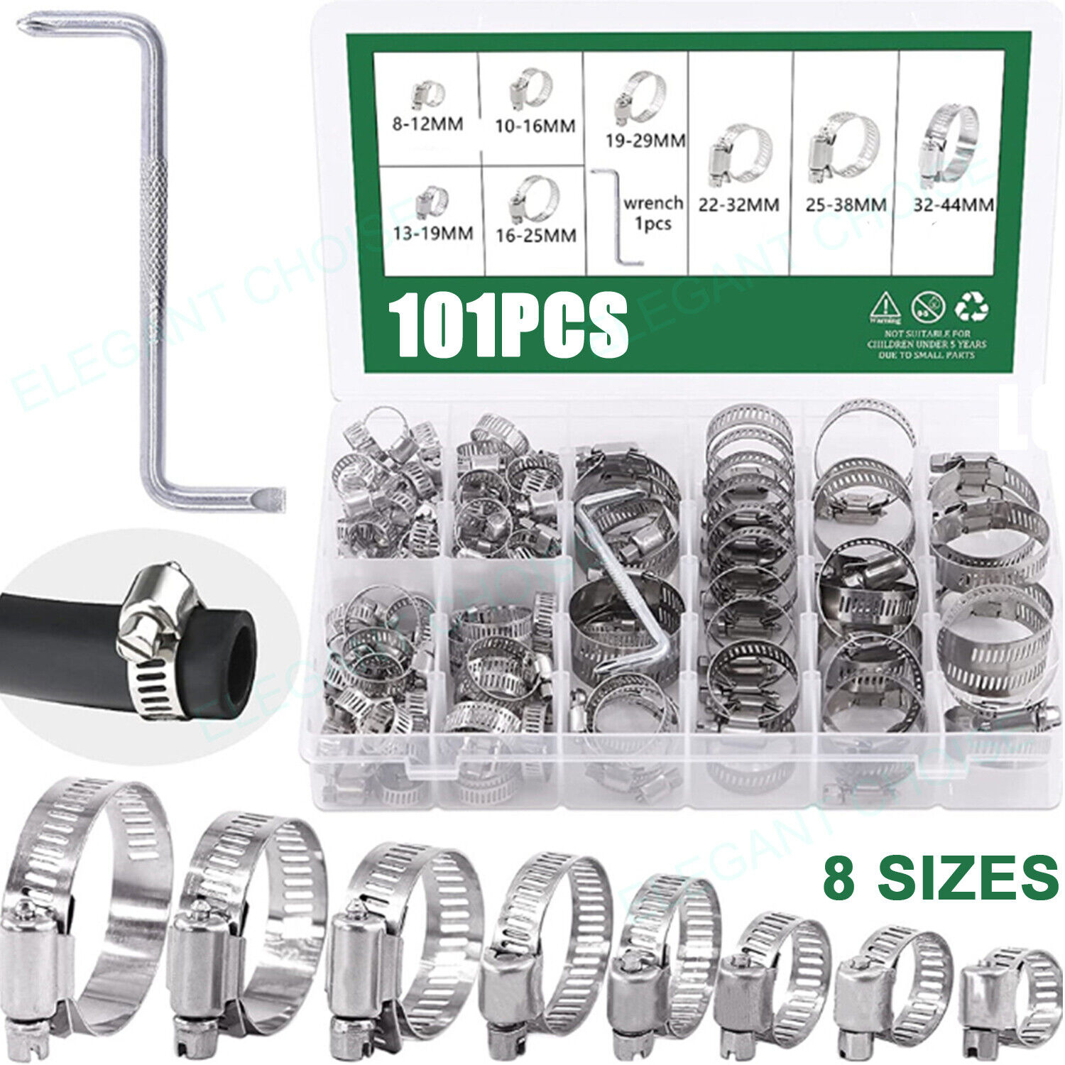 101pcs Adjustable Hose Clamps 8 Sizes Worm Gear Stainless Steel Clamp Assortment