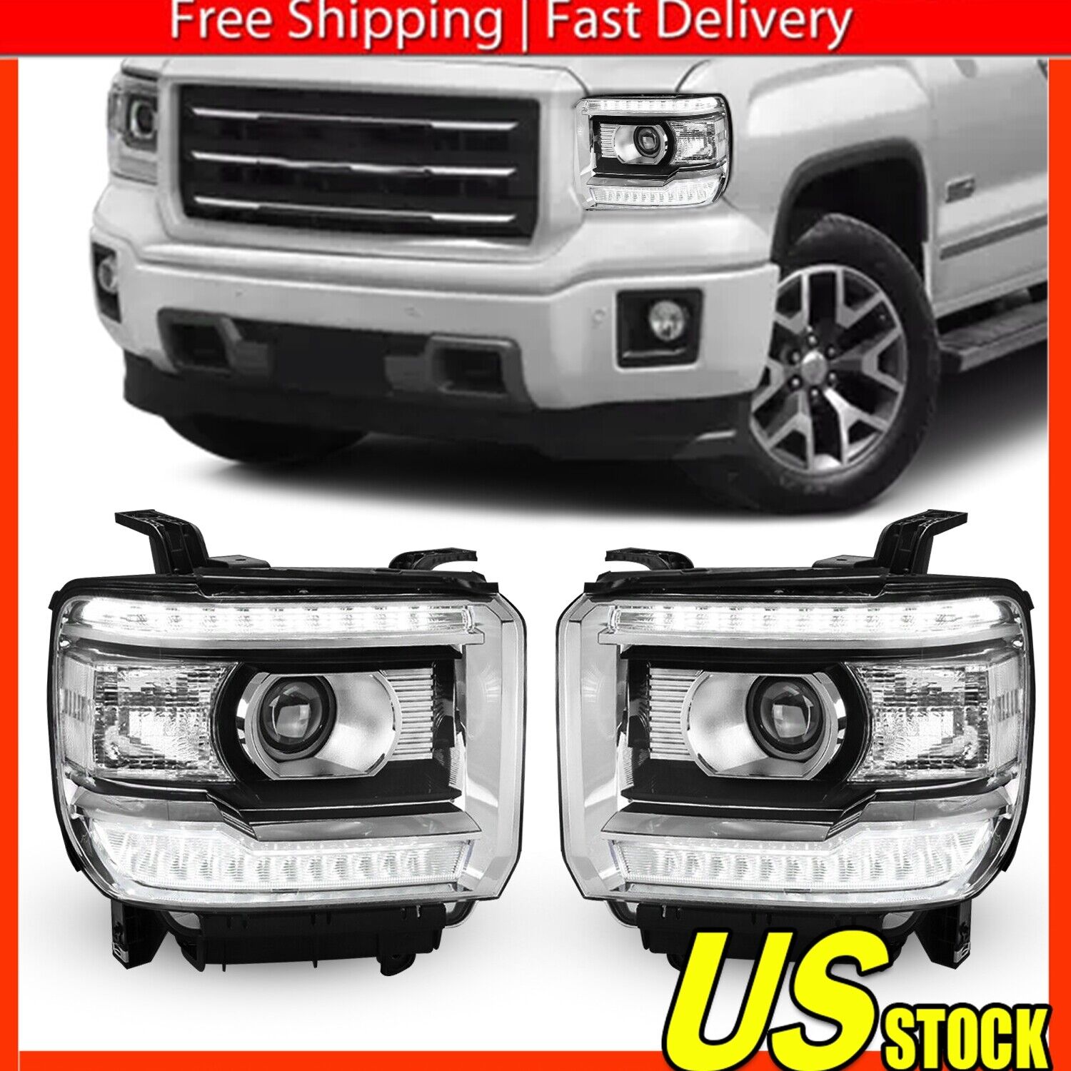 OE Style LED DRL Head Lights Lamps Set For 2014-2018 GMC Sierra 1500 2500 3500