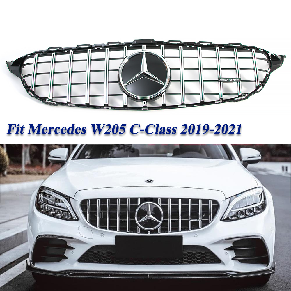 Chrome GT R Style Grille For Mercedes Benz C-Class W205 2019-2021 C300 W/Emblem