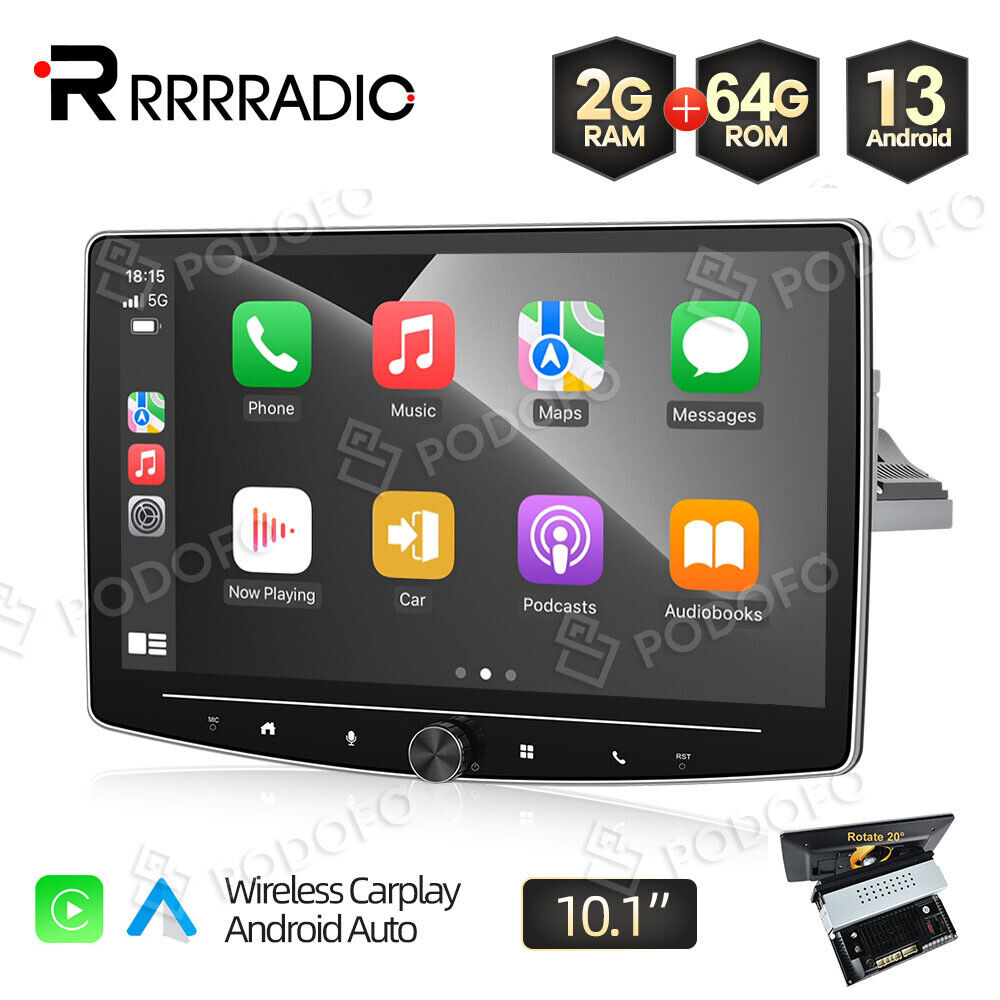 Single 1 DIN 10.1\'\' Rotatable Screen Android 13 Car Stereo Radio GPS Wifi 2+64GB