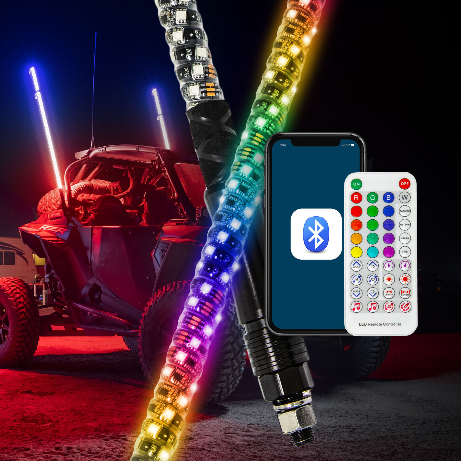 2pc 4\' UTV ATV LED Whip Light RZR Can-Am Polaris Bluetooth Smart Phone Control