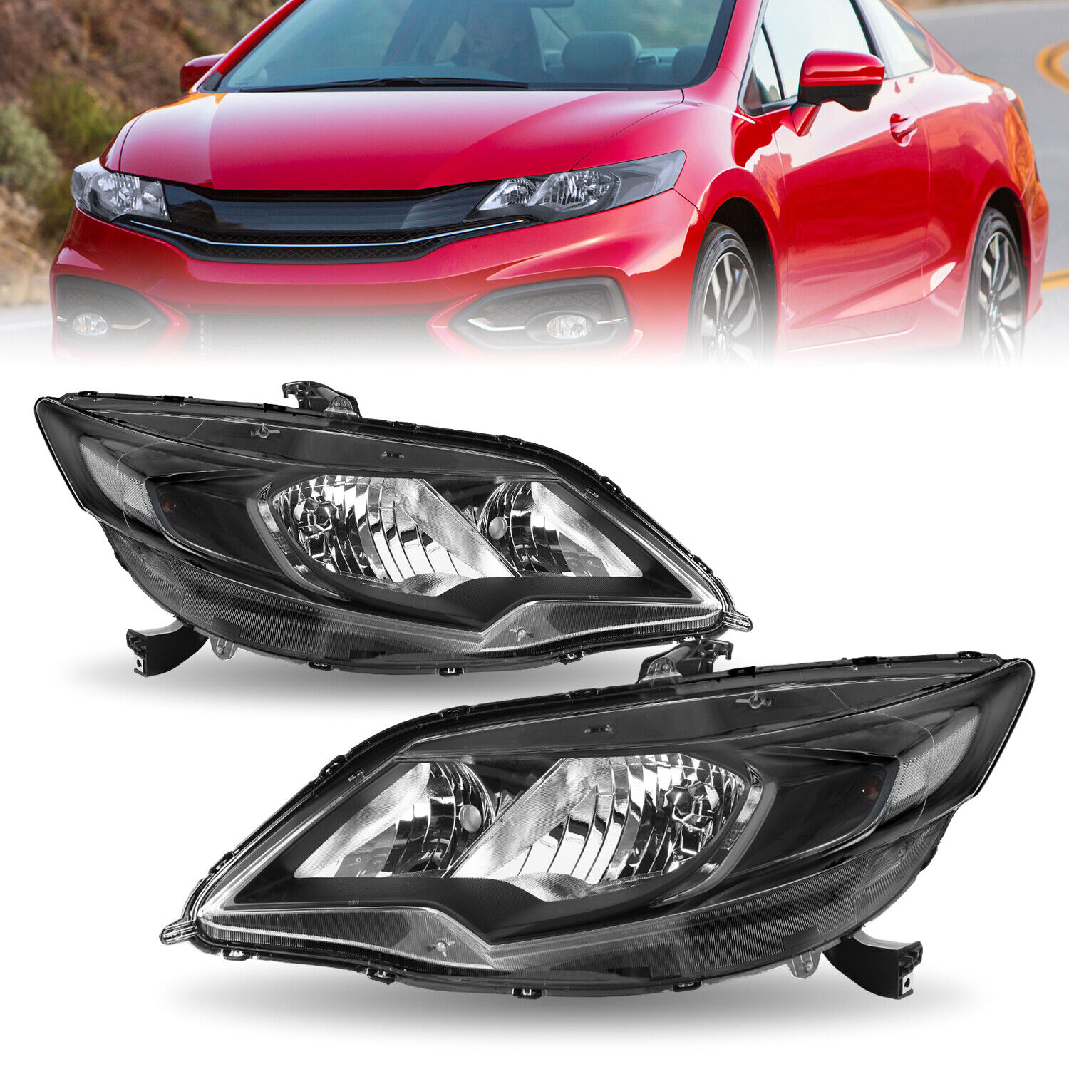 For 2014-2015 Honda Civic Coupe 2Dr Halogen OE Style Black Clear Headlights Pair